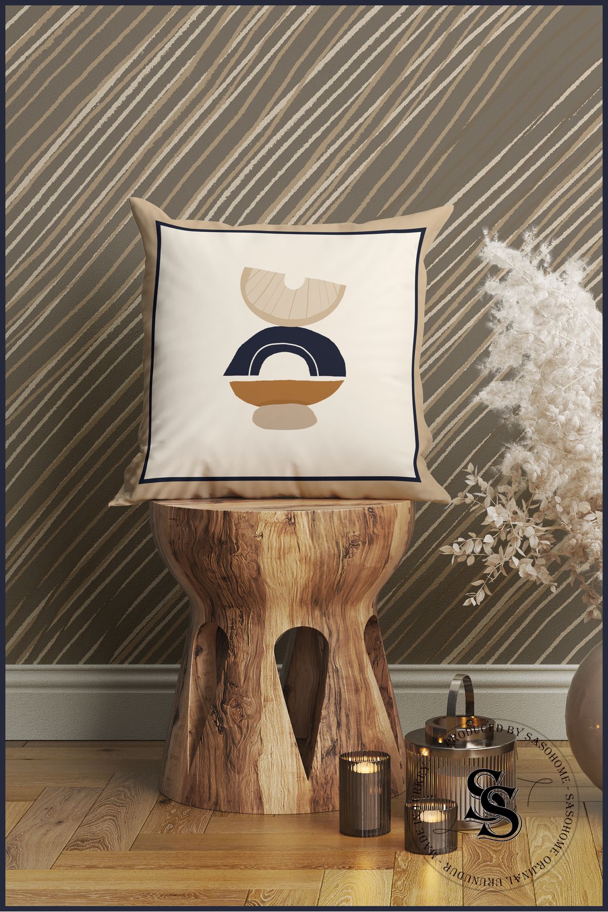 SasoHome-Set of 4 Digital Printed Throw Pillow Covers with Modern Ethnic Objects Pattern on a Cream Background 3