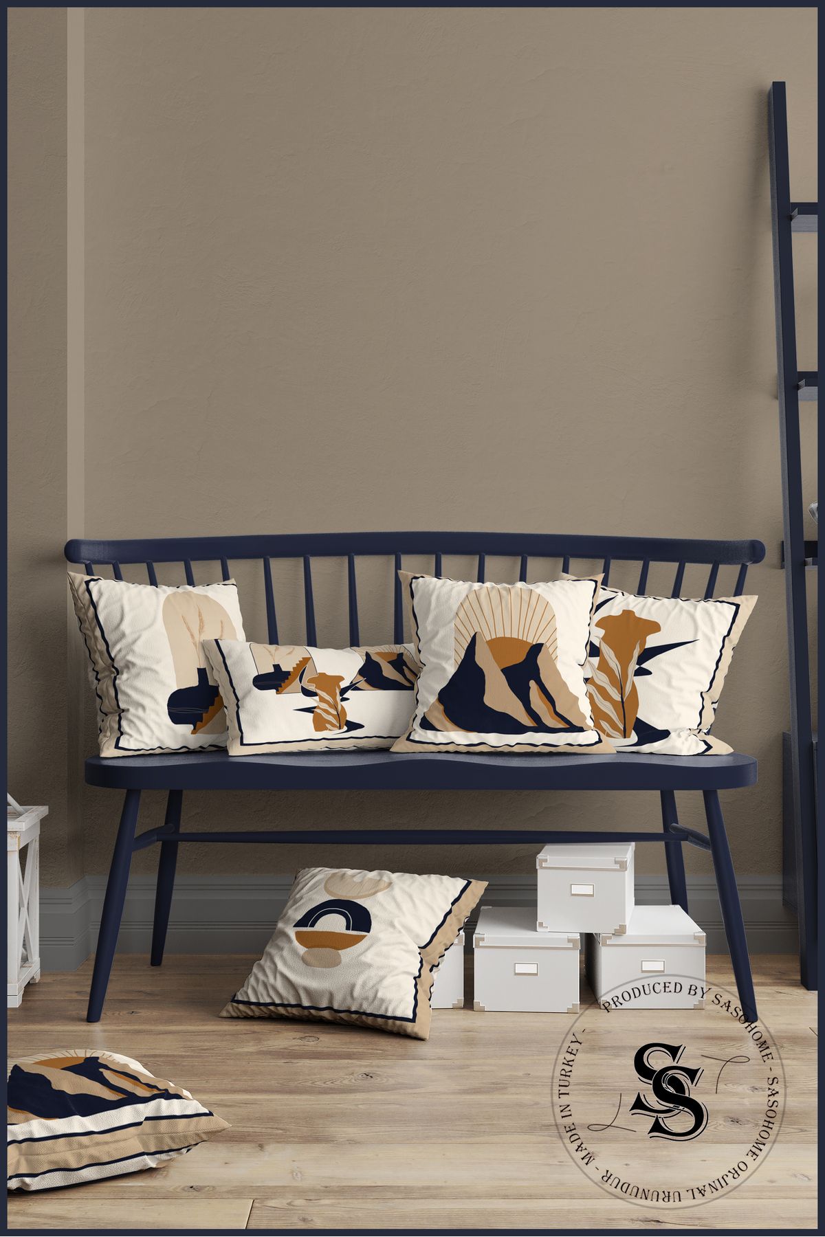 SasoHome-Set of 4 Digital Printed Throw Pillow Covers with Modern Ethnic Objects Pattern on a Cream Background 2
