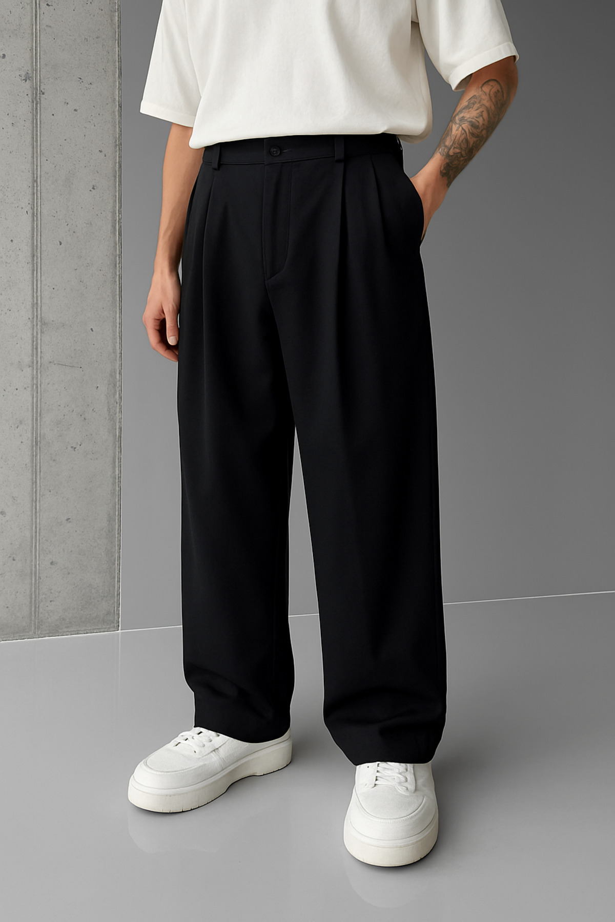 Tutals  Erkek Siyah Renk Pileli Likralı Rahat Kalıp Baggy Kumaş Pantolon