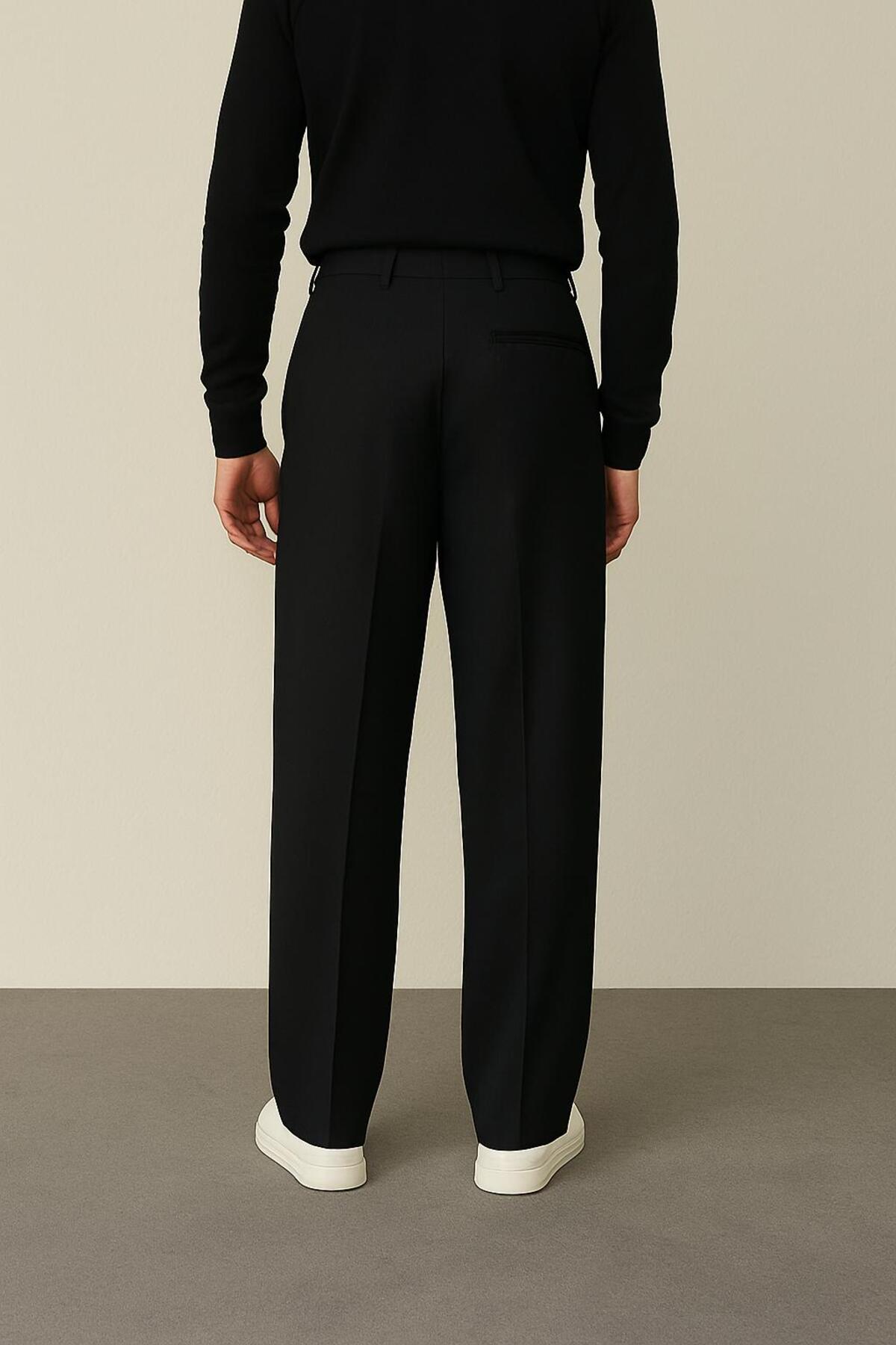 Tutals  Erkek Siyah Renk Pileli Likralı Rahat Kalıp Baggy Kumaş Pantolon - Görsel 4