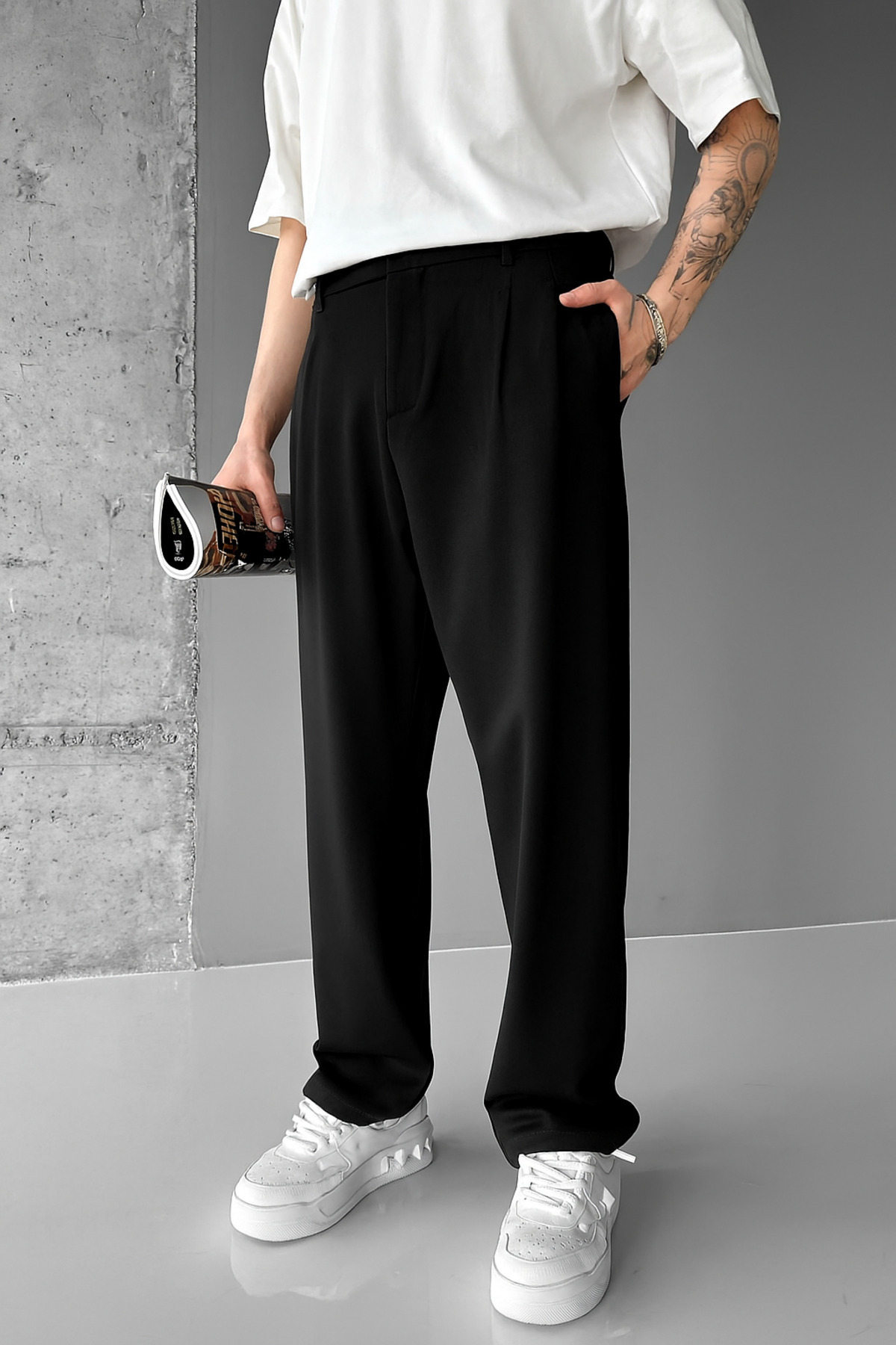 Tutals  Erkek Siyah Renk Pileli Likralı Rahat Kalıp Baggy Kumaş Pantolon - Görsel 2