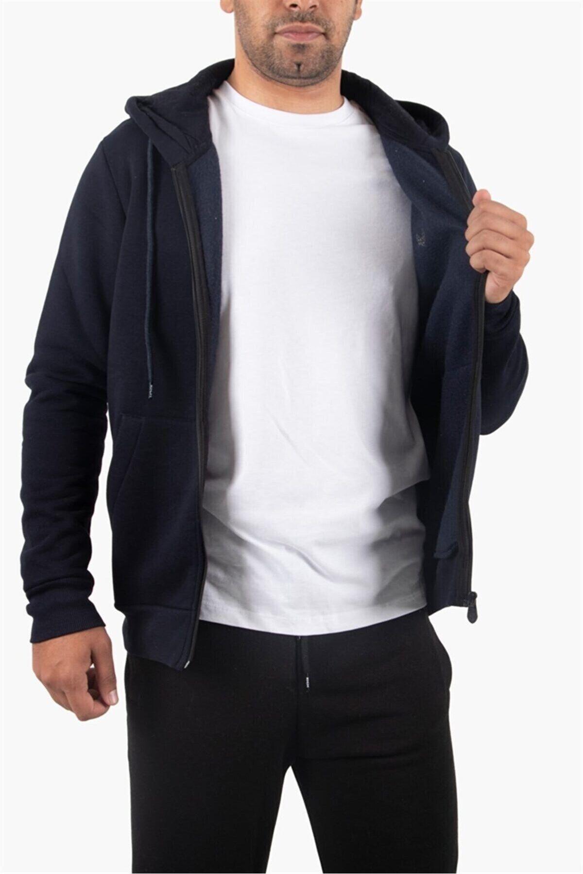Raised Zipper Hooded Navy Blue Sweatshirt Fleece Cardigan