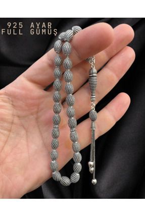 Erbab i Kehribar Tamamen 925 Ayar Gümüş Arpa Kesim İşçilikli Tesbih