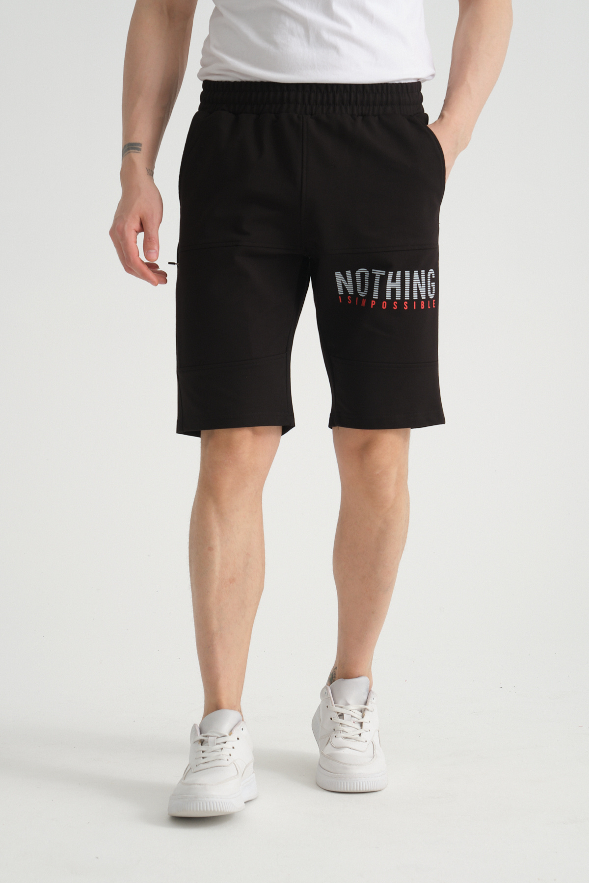 Shooter Sportswear Premium Erkek Şort Siyah Baskı Detaylı Fermuar Cep Detaylı Regular Kalıp