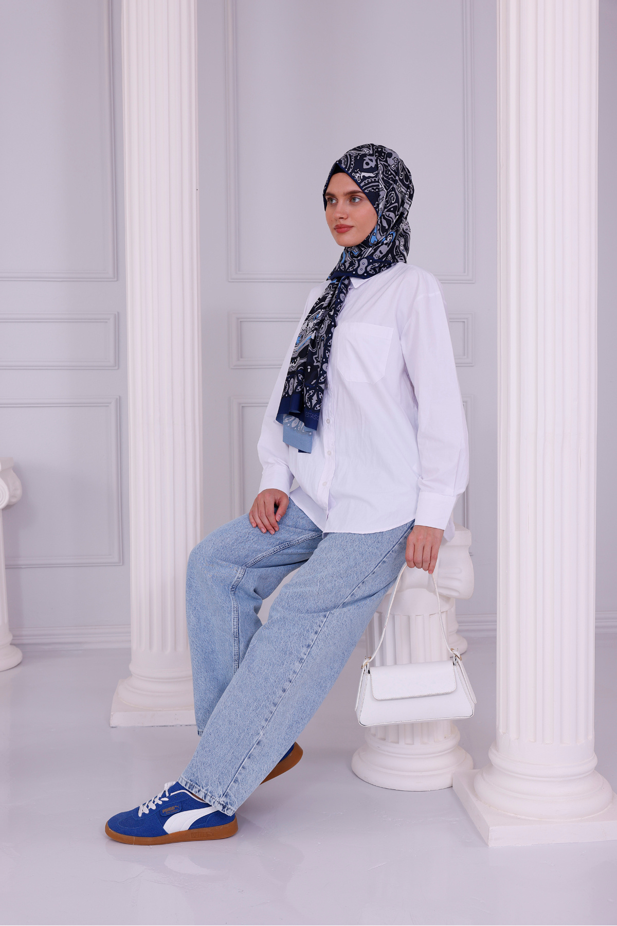 tarzınısec-Retro Patterned Women's Shawl Blue Estascarf 8