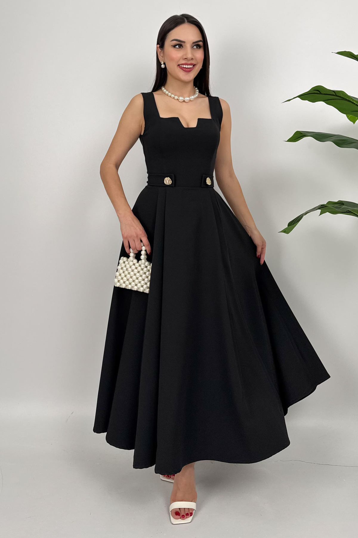 Roselia Women's Midi Dress with Black Button – Elegant Invitation and Casual Elegance