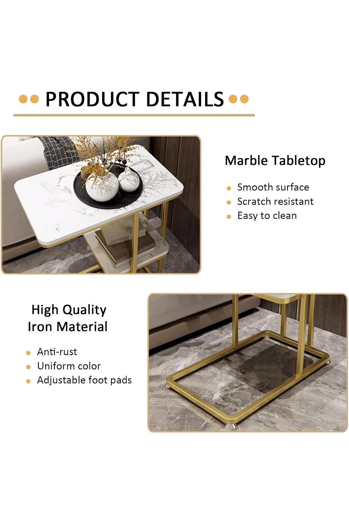 Generic-MOZOGOT 2-Tier C Shaped End Table Sofa Side Table with Metal Frame, Gold Snack Couch Table for Small 4