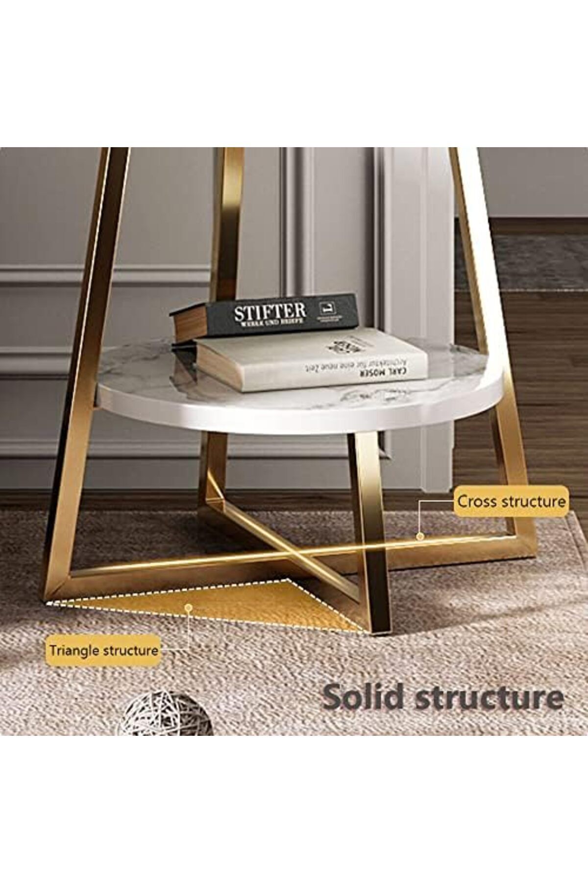 Generic-Round Coffee Table, Double Layer Sofa Side Table End Table, Imitation Marble Coffee Round Table Snac 7