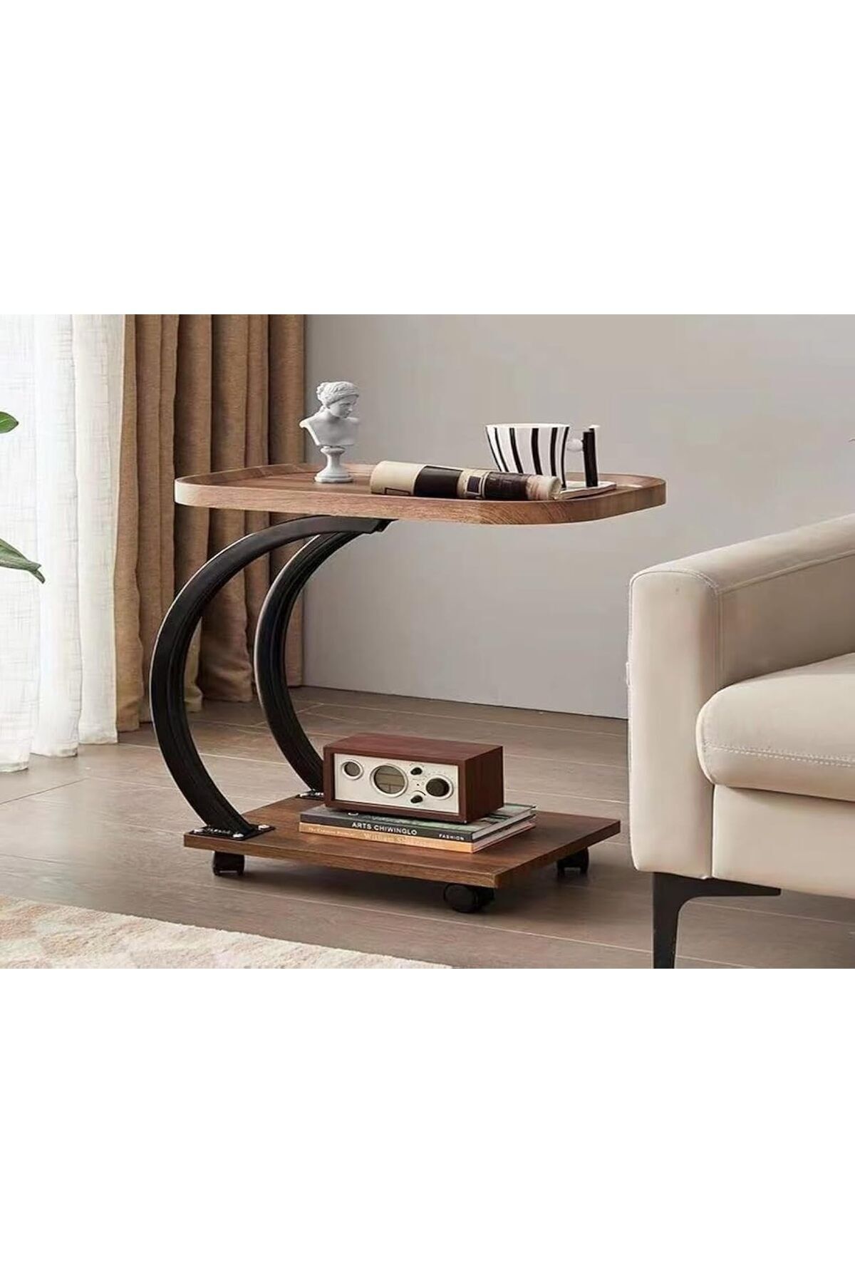 Generic-C Shaped Side end Table With Wheels, Sofa end Table, 2 Layer Wooden top Tray for Living Room Bedroom 1