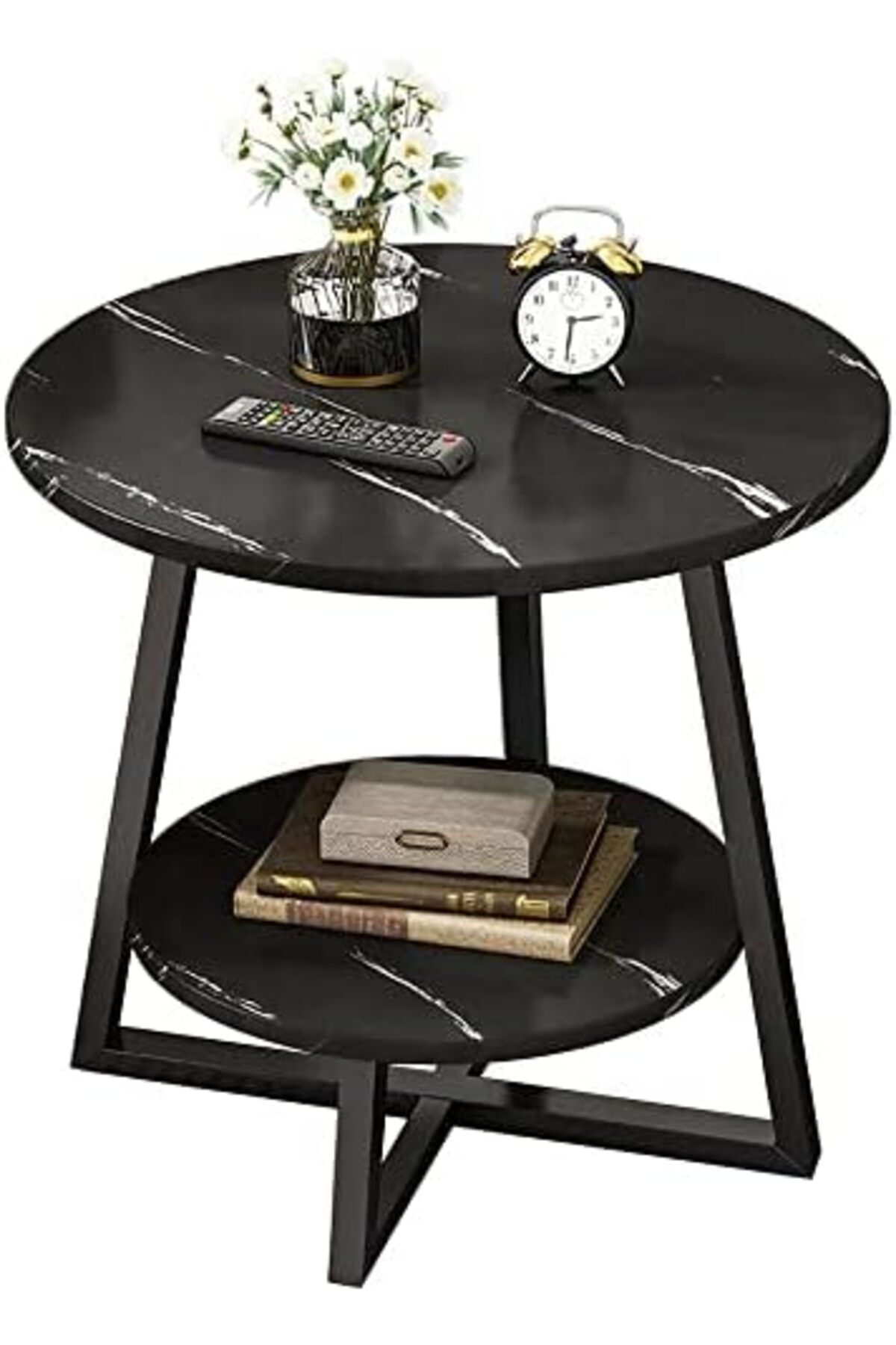 Generic-Round Coffee Table, Double Layer Sofa Side Table End Table, Imitation Marble Coffee Round Table Snac 1