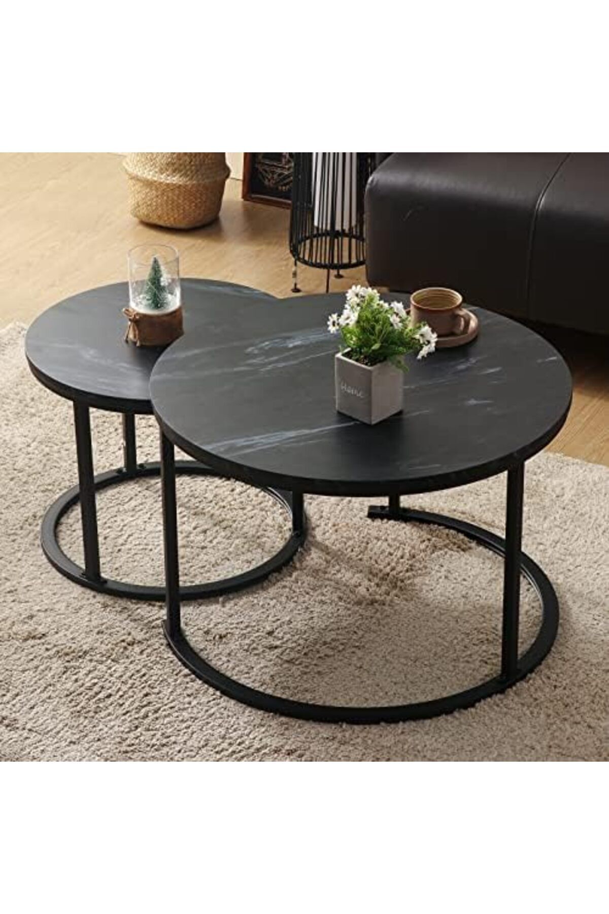 Generic-Small Round Nesting Coffee Table 27" Wood and Metal Stacking Coffee Tables for Compact Spaces, Black 2