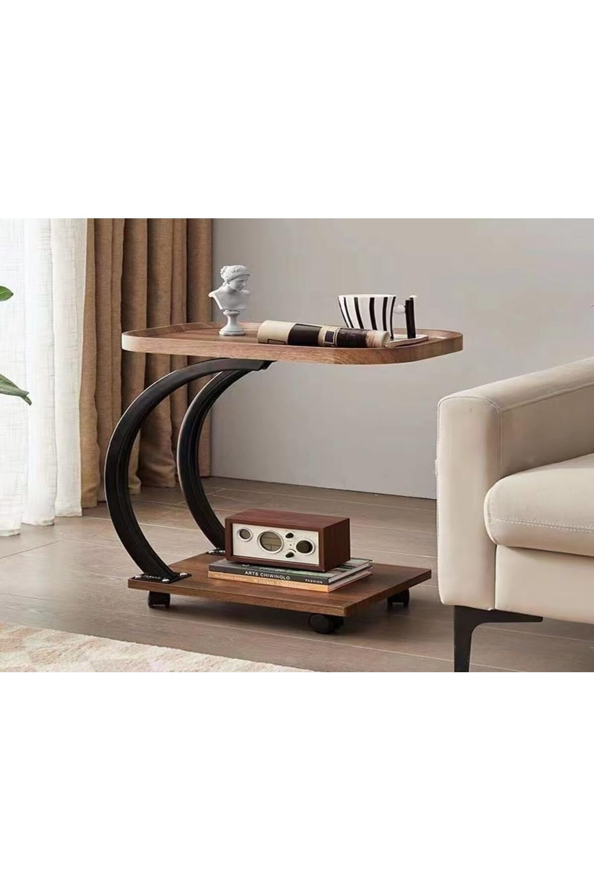 Generic-C Shaped Side end Table With Wheels, Sofa end Table, 2 Layer Wooden top Tray for Living Room Bedroom 7