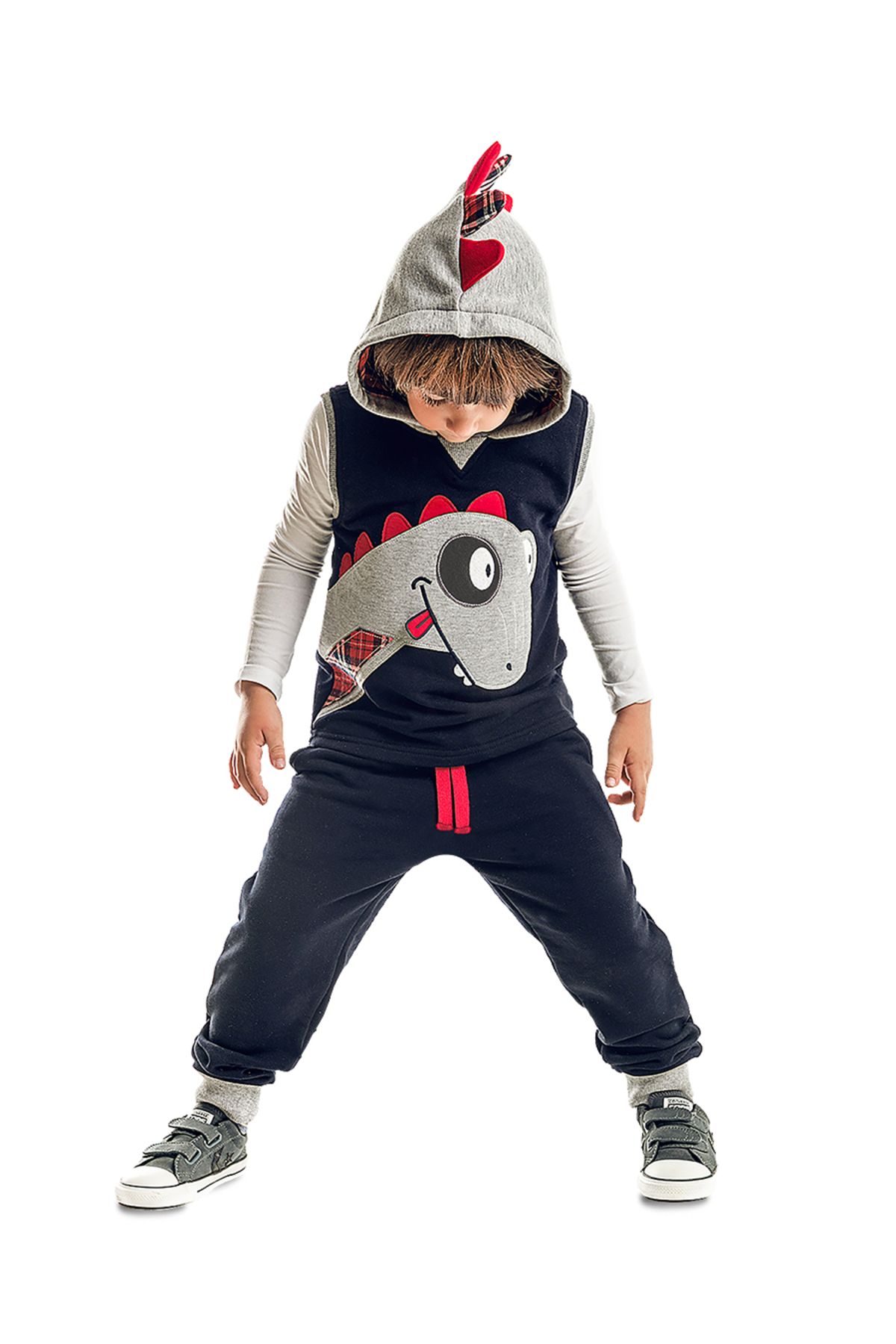 Denokids-Dino-Trainingsanzug-Set für Jungen – ärmellose Weste und Kapuze 1