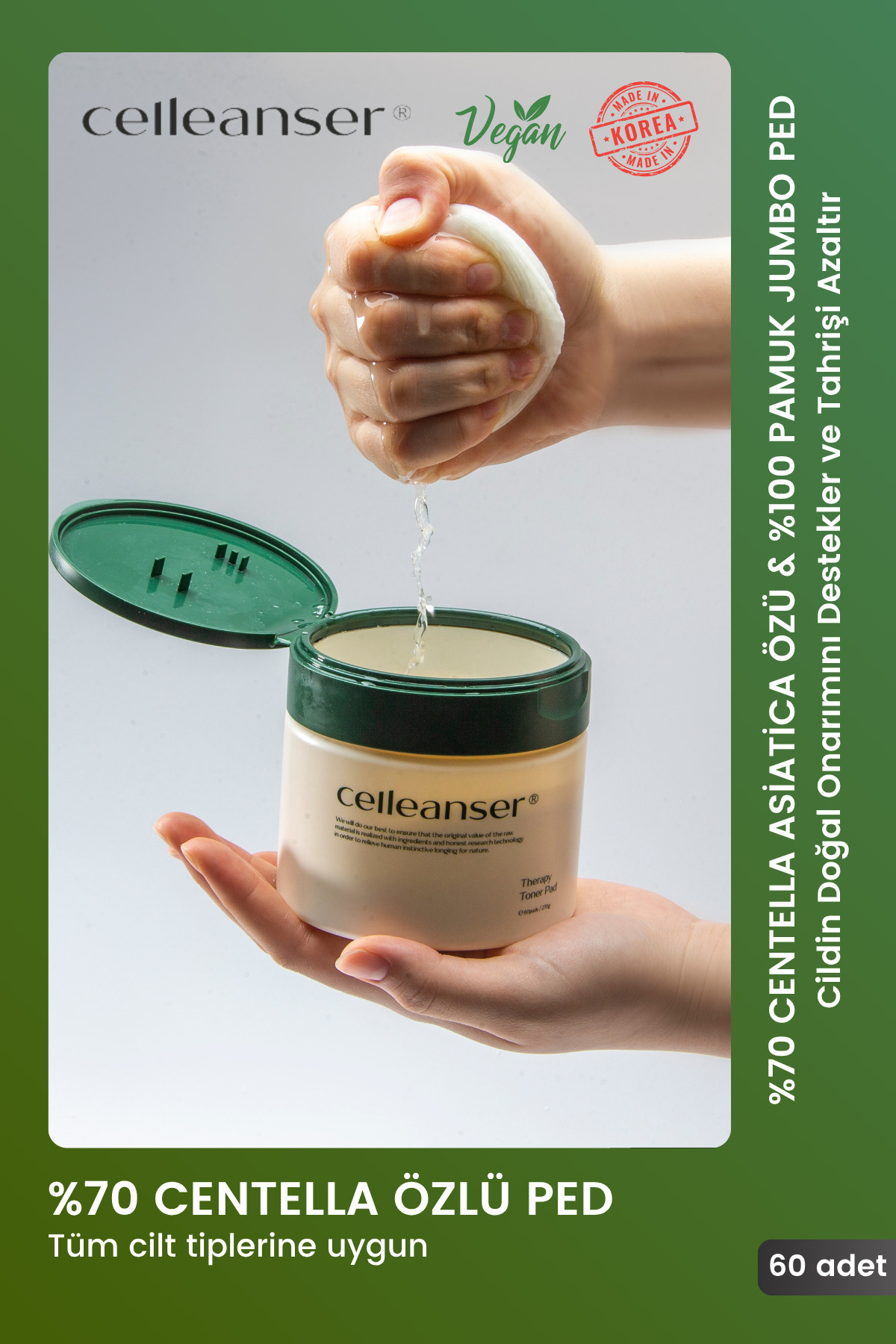 celleanser Centella Asiatica Içeren %100 Pamuktan Yapılmış Nemlendirici Temizleme Pedi Therapy Toner Pad