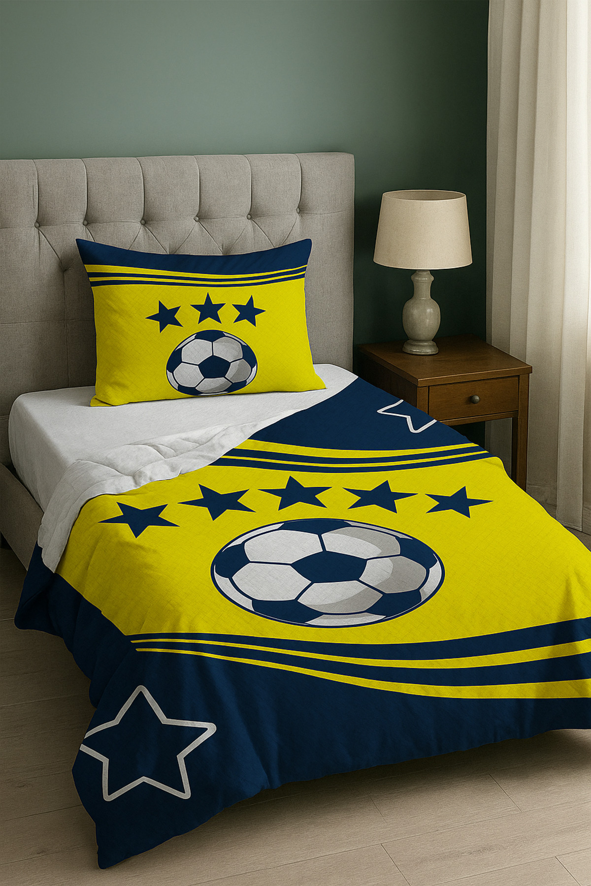 HOMESSA Taraftar Sarı Lacivert Tek Kişilik Çocuk Pike Yastık Kılıflı