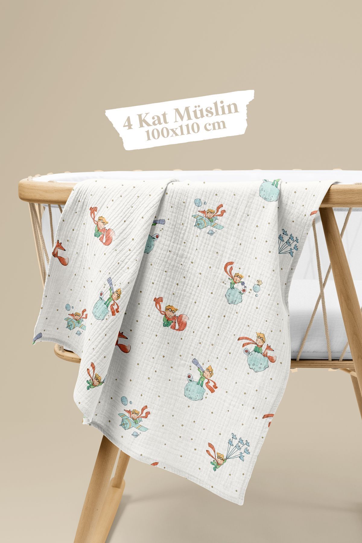 fevale 4 Kat Müslin Örtü - Küçük Prens Desenli - Bebek Battaniyesi - Dört Katlı Müslin 100x110 Cm fotoğrafı 4 (önizleme)