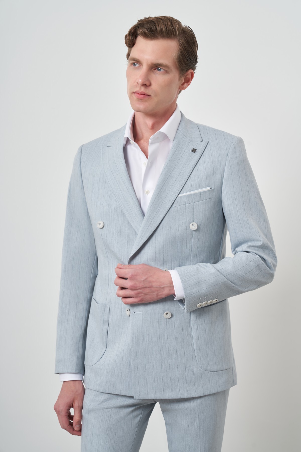 Men's A. BLUE Striped Pattern Double Breasted Slim Fit Pointed Neck Suit