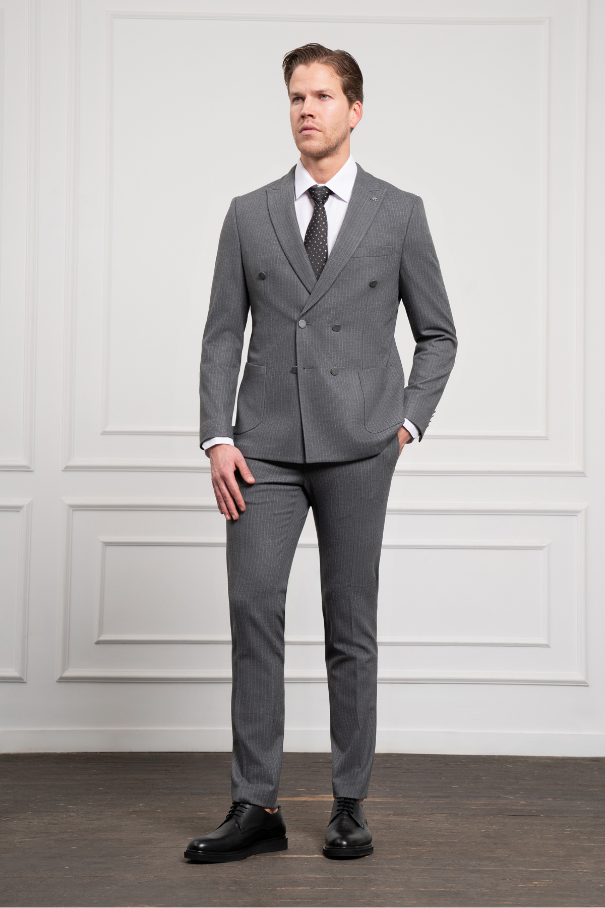 Morven-Men's Smoked Trend Double Breasted Slim Fit Slim Fit Pointed Collar Suit 4