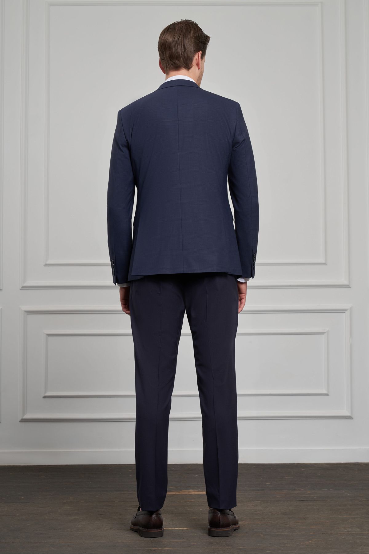 Morven-Men's Navy Blue Trend Vest Combination Wool Slim Fit Pointed Collar Suit 6