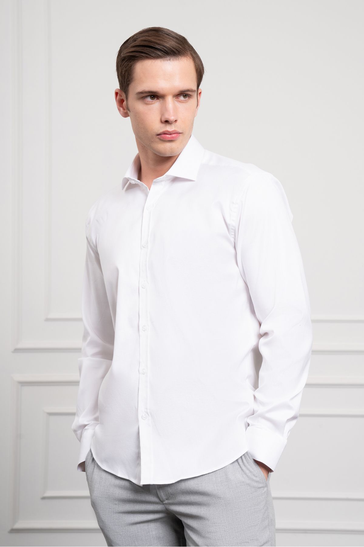 Morven-Мъжка бяла памучна риза с италианска яка, в стил Slim Fit 4