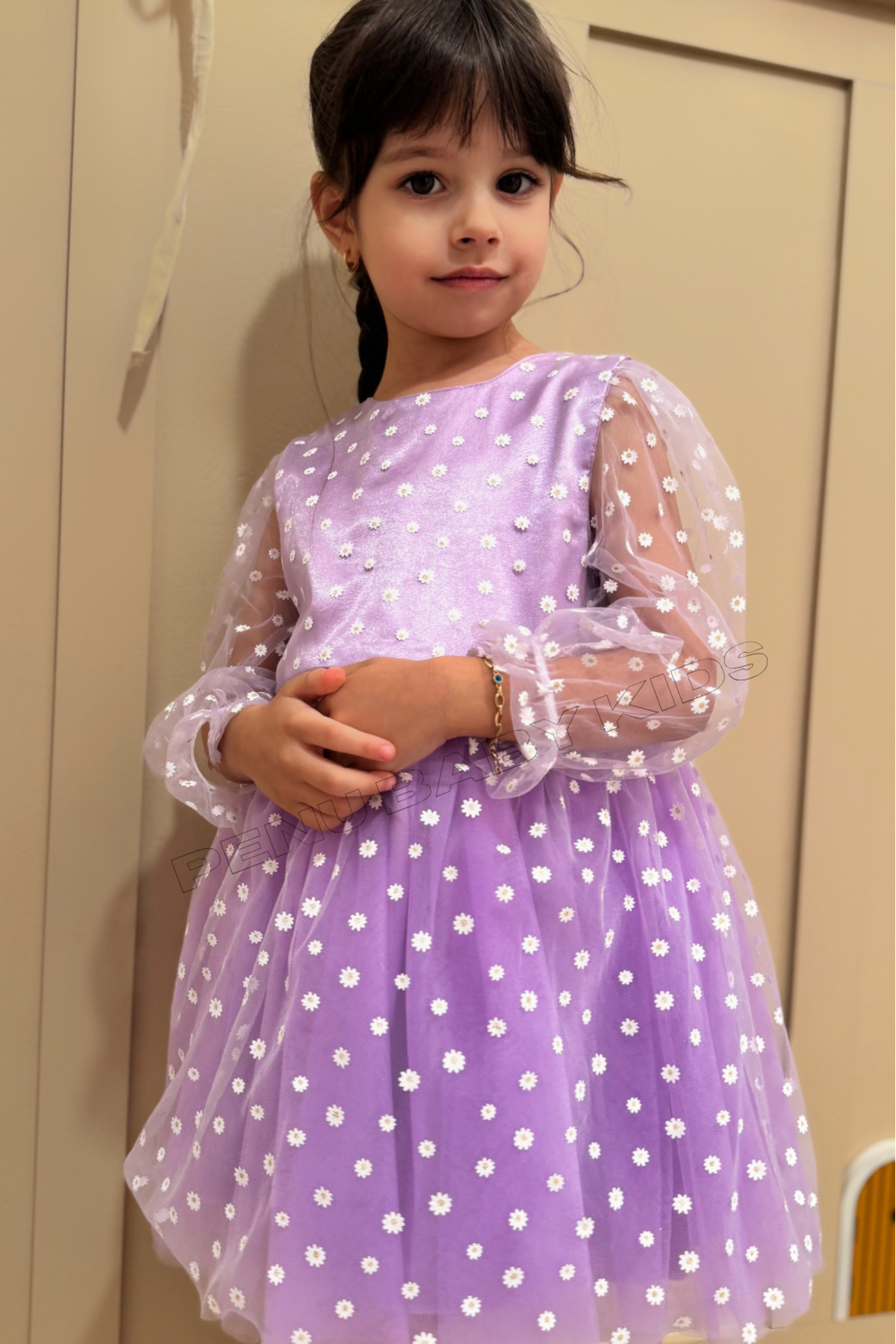 penu baby kids Lila Çiçek Desenli Tül Etekli Ve Truvakar Tül Kol Kız Bebek & Kız Çocuk Elbise - Flower fotoğrafı 2 (önizleme)