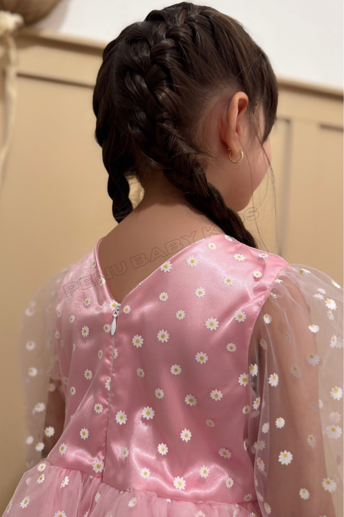 penu baby kids Pembe Çiçek Desenli Tül Etekli Ve Truvakar Tül Kol Kız Bebek & Kız Çocuk Elbise - Flower fotoğrafı 6 (önizleme)