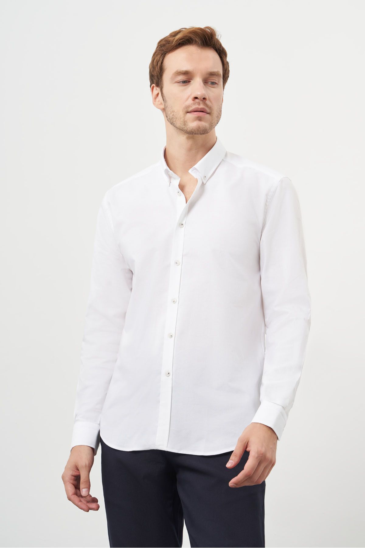 Morven-Men's White Cotton Trend Buttoned Collar Dynamic Fit Shirt 4