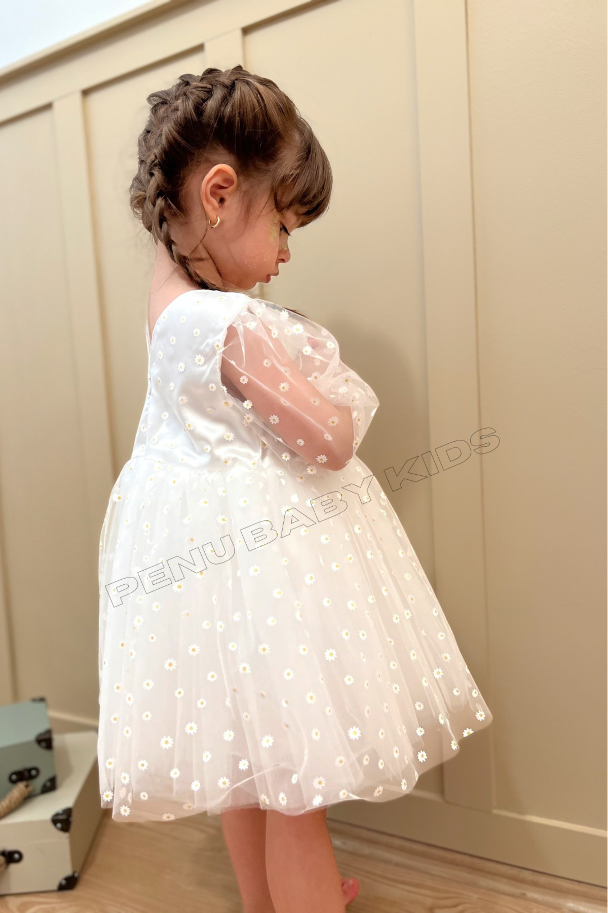 penu baby kids Beyaz Çiçek Desenli Tül Etekli Ve Truvakar Tül Kol Kız Bebek & Kız Çocuk Elbise - Flower fotoğrafı 5 (önizleme)