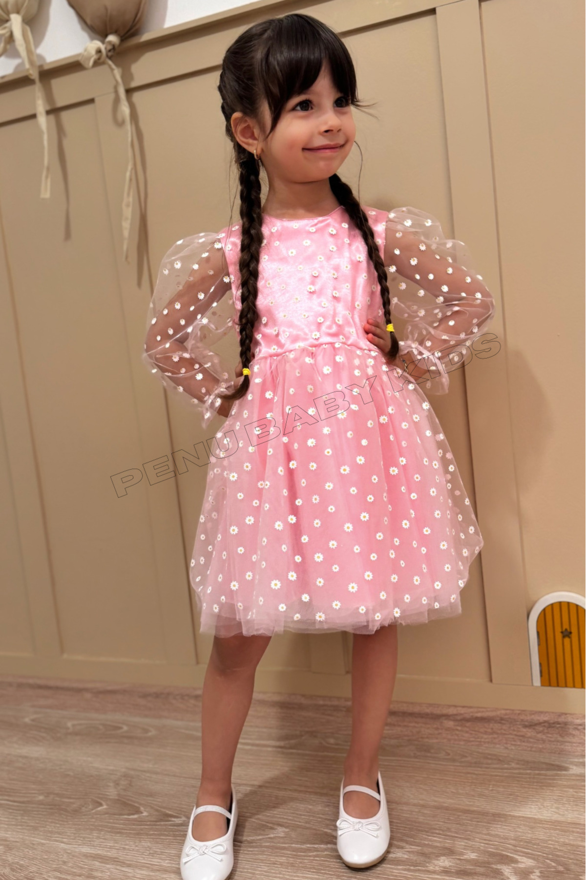 penu baby kids Pembe Çiçek Desenli Tül Etekli Ve Truvakar Tül Kol Kız Bebek & Kız Çocuk Elbise - Flower fotoğrafı 2 (önizleme)