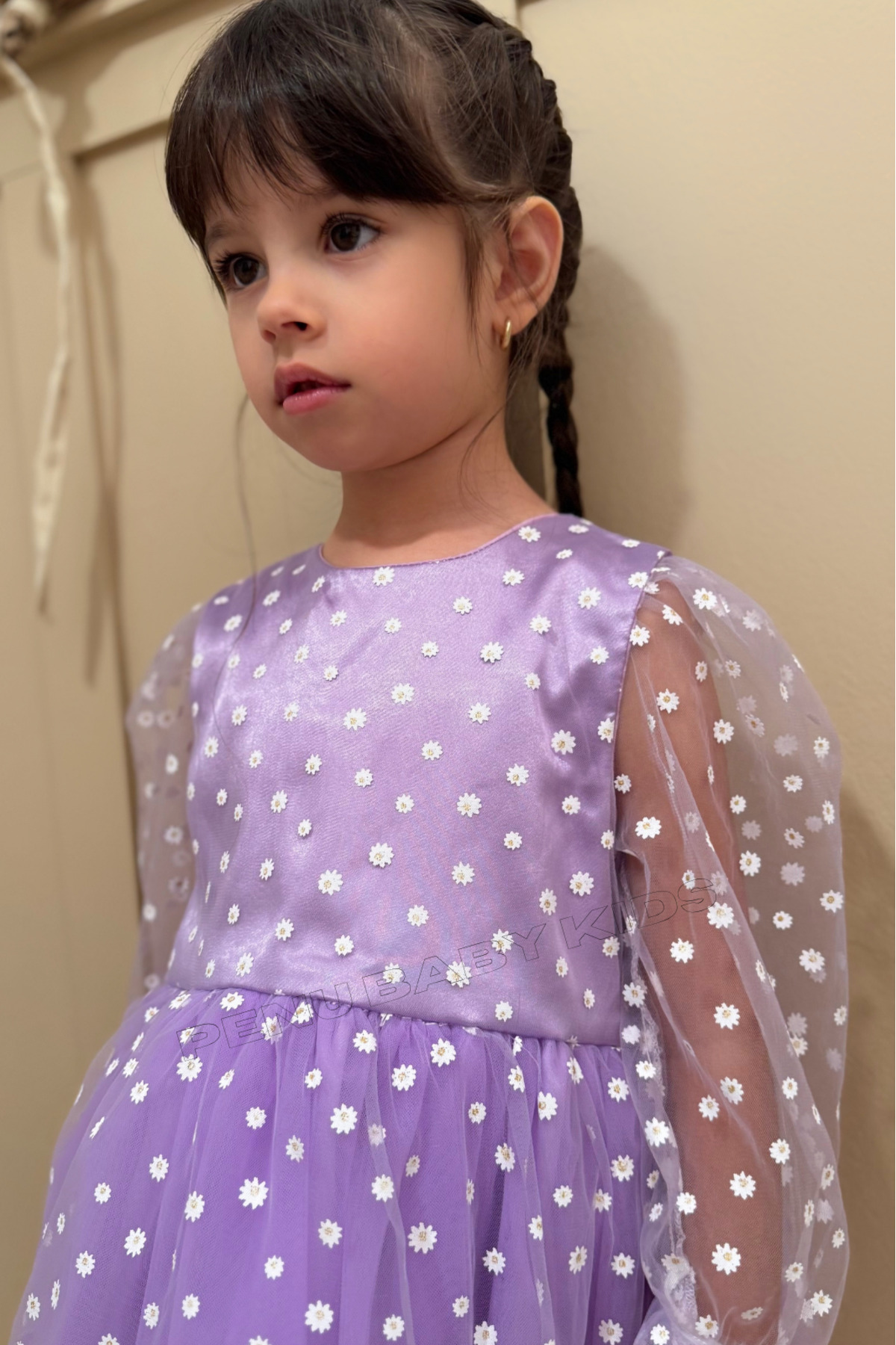 penu baby kids Lila Çiçek Desenli Tül Etekli Ve Truvakar Tül Kol Kız Bebek & Kız Çocuk Elbise - Flower fotoğrafı 3 (önizleme)