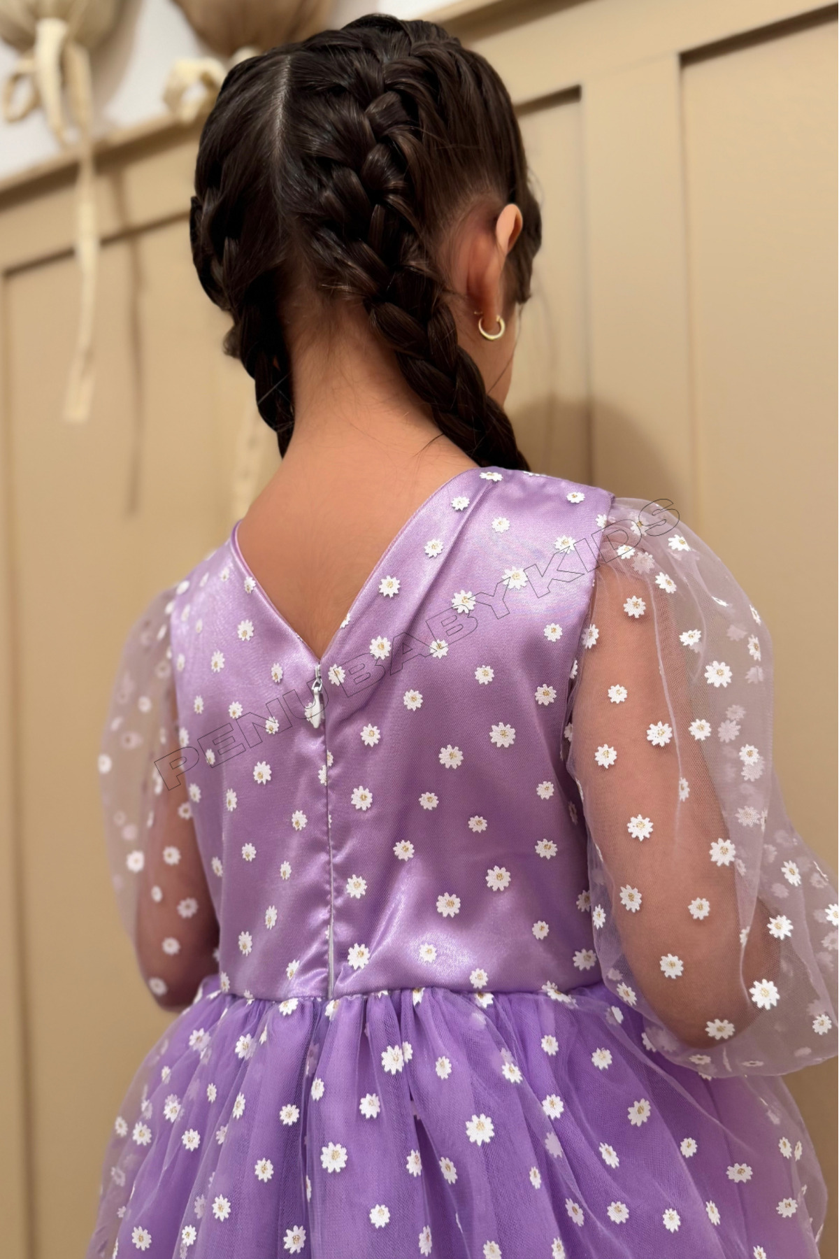 penu baby kids Lila Çiçek Desenli Tül Etekli Ve Truvakar Tül Kol Kız Bebek & Kız Çocuk Elbise - Flower fotoğrafı 4 (önizleme)