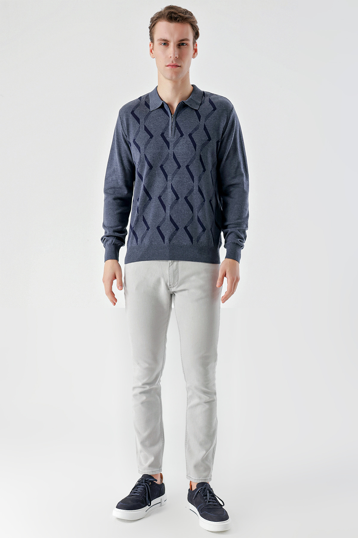 Morven-Tricotaj pentru bărbați Indigo Trend Kilim Guler polo cu fermoar Croială dinamică Croială confortabilă 5