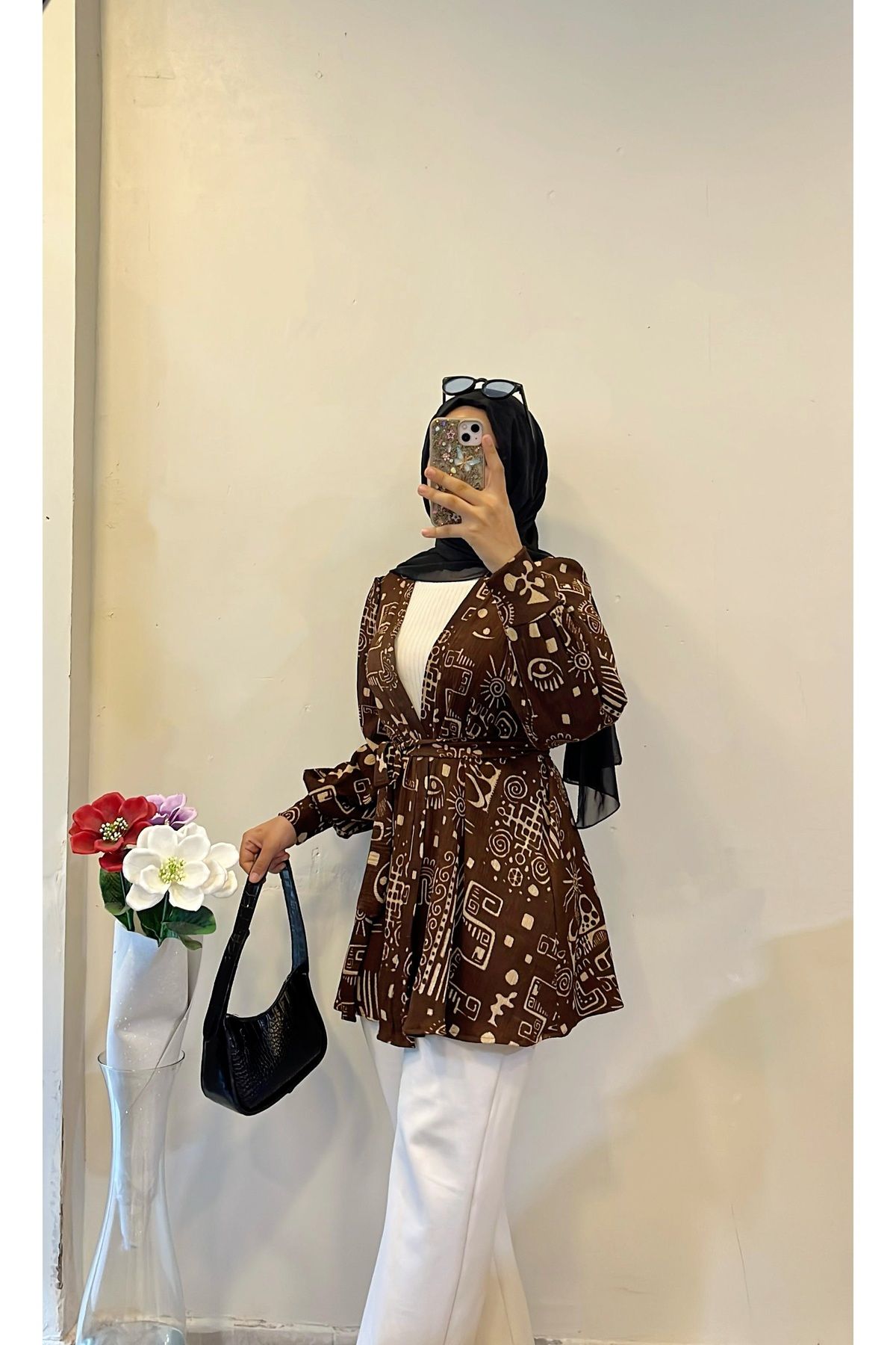 DİLEKBUTİK-Wrapped Kimono with Brown Pattern 3
