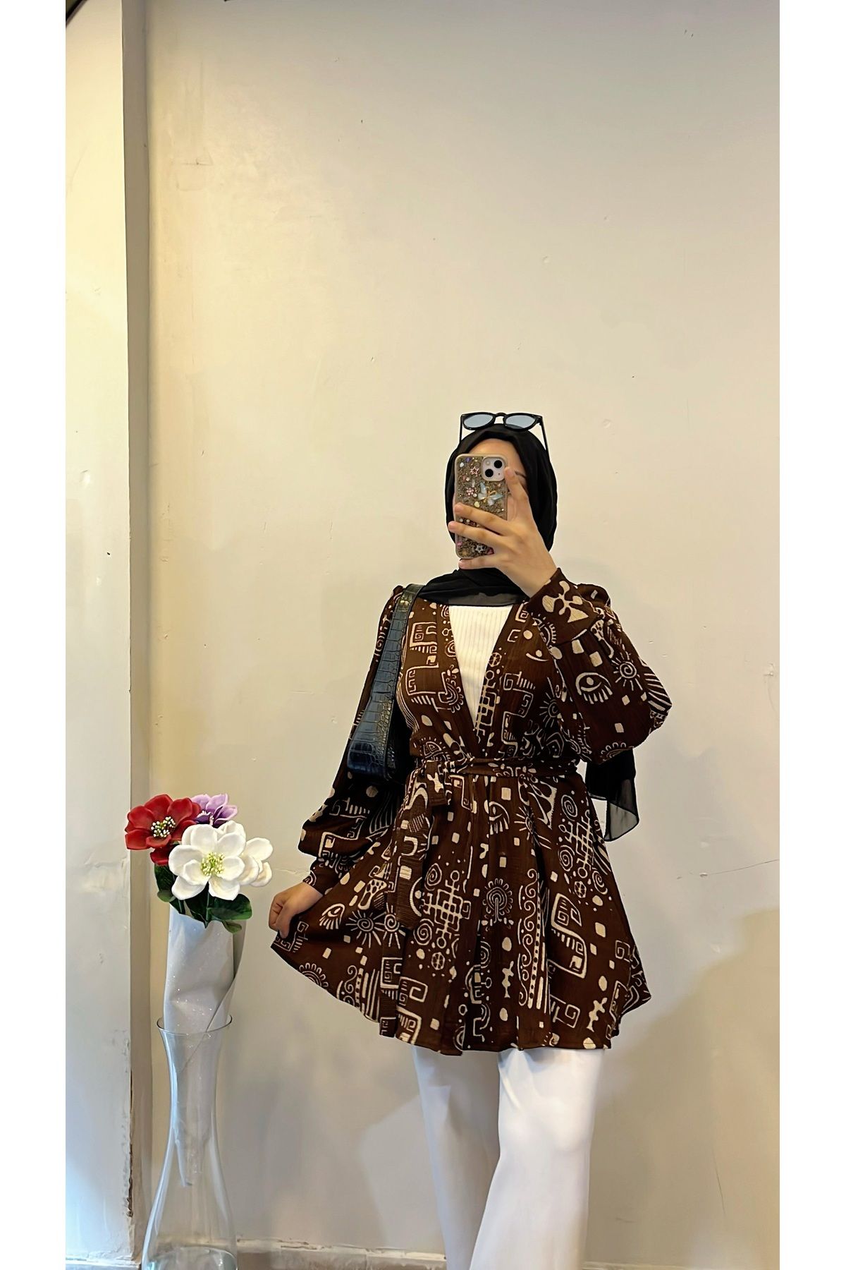 DİLEKBUTİK-Wrapped Kimono with Brown Pattern 2