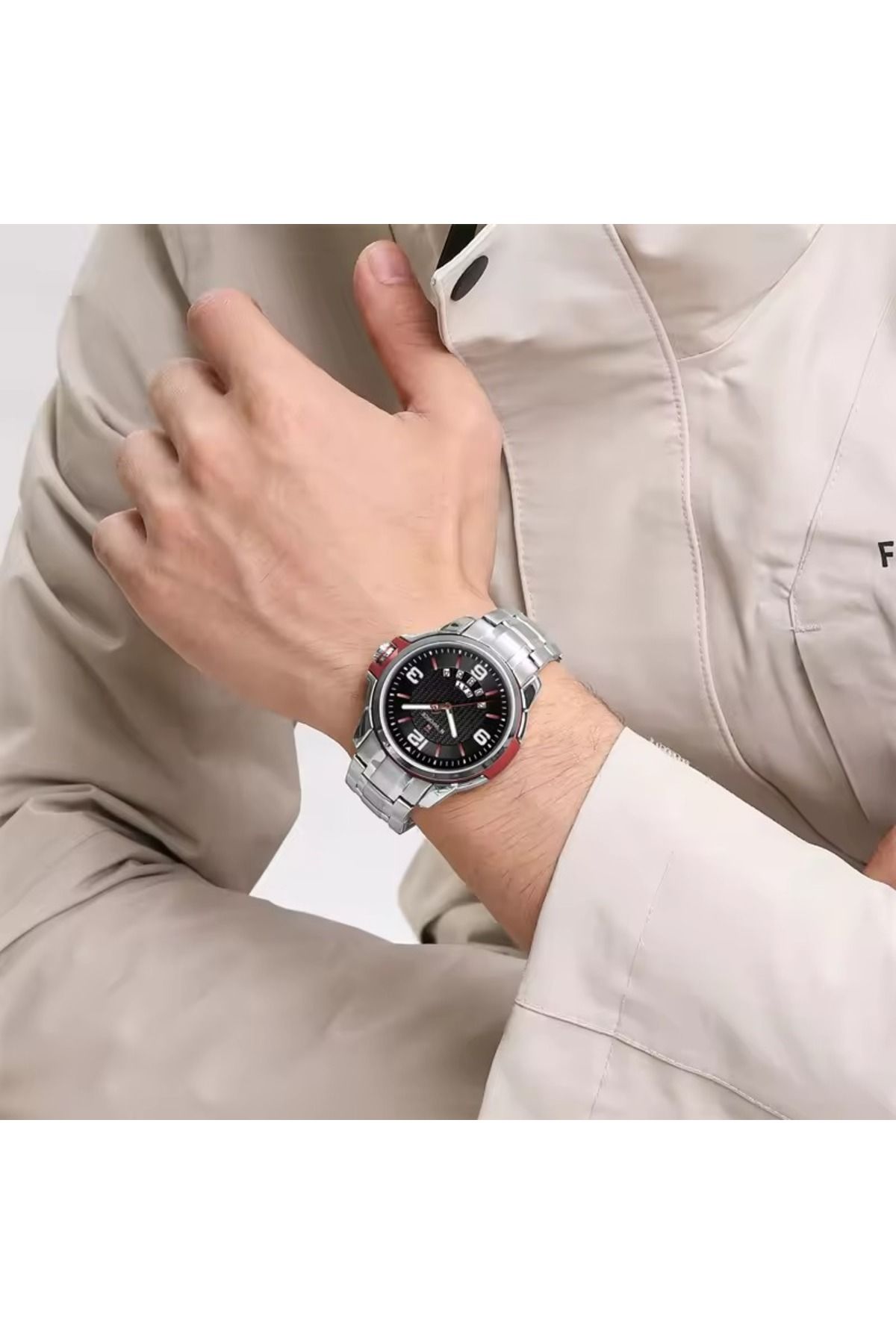 Naviforce-Mens Black Dial Stainless Steel Strap Watch Analog Quartz Waterproof with Day and Date Display 4