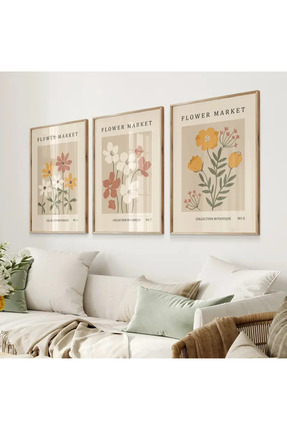 NT Handmade Doğal Ahşap Çerçeveli UV Baskı 3'lü Çiçek Desenli Tablo Seti – Mo...