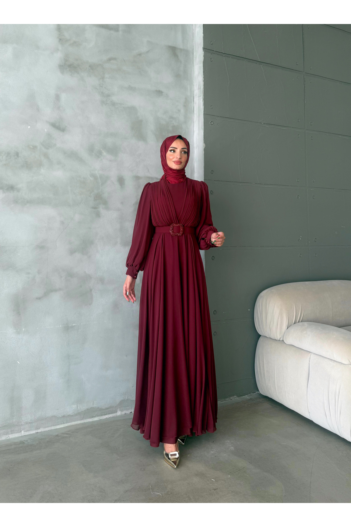 hacer ayaydın  ŞİFON KUMAŞ TESETTÜR ELBİSE/ABİYE - Görsel 3
