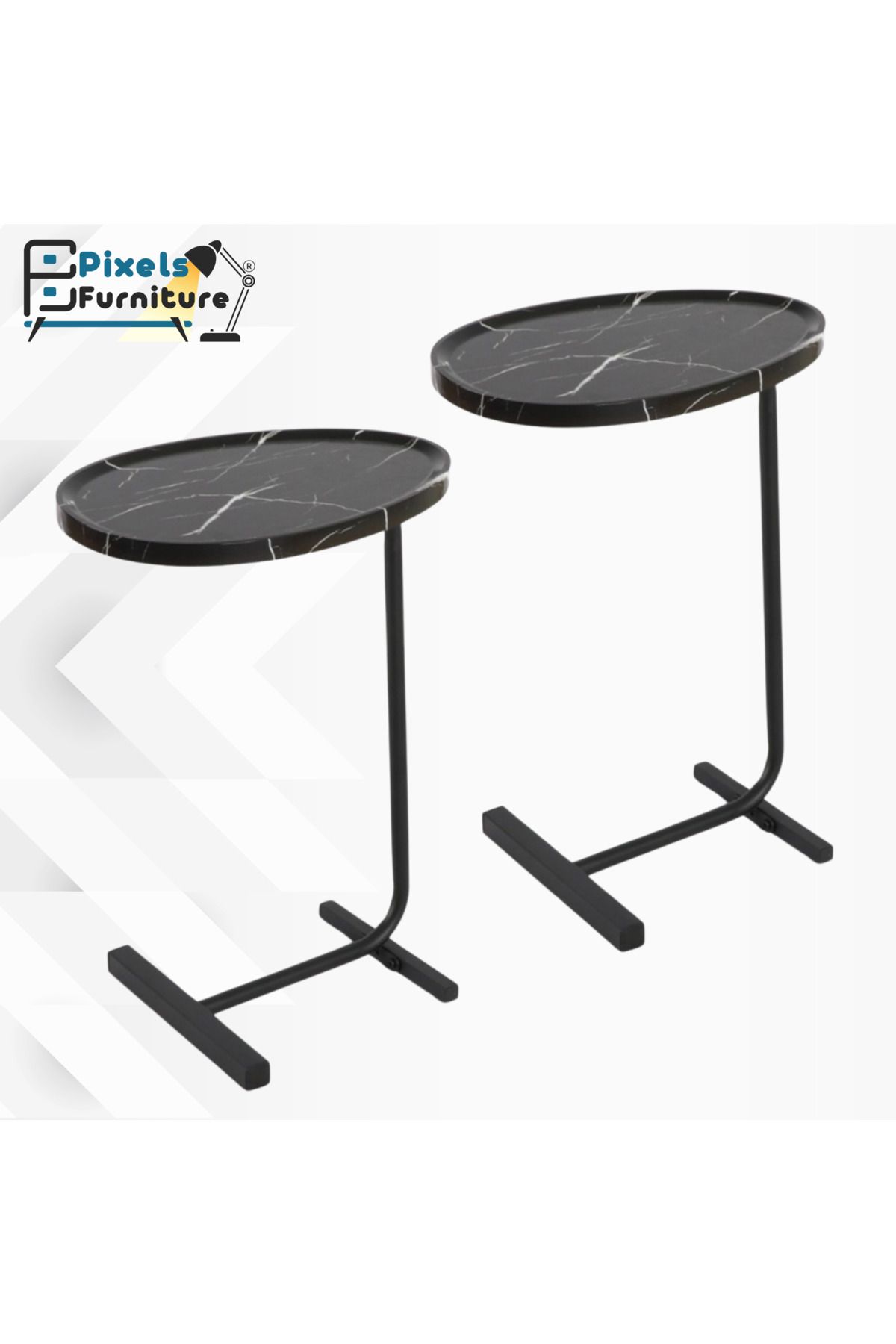 PixelsFurniture-مجموعة قطعتين طاولة جانبية من بكسل الأثاث على شكل C للأريكة والسرير، طاولة بقواعد معدنية صلبة 1