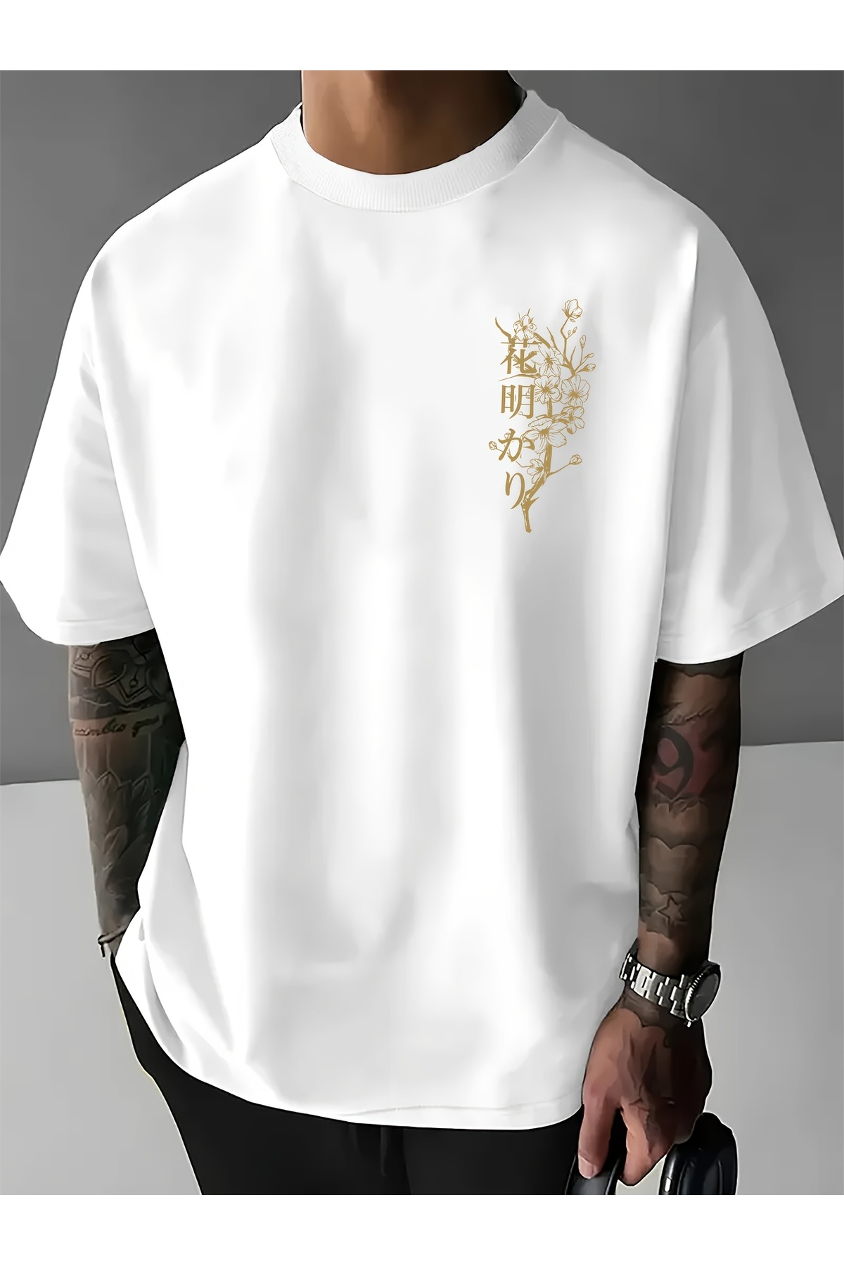 cc collection  Erkek oversize Japon Kiraz Ağacı baskılı T-shirt rahat ve şık Tasarım - Görsel 4