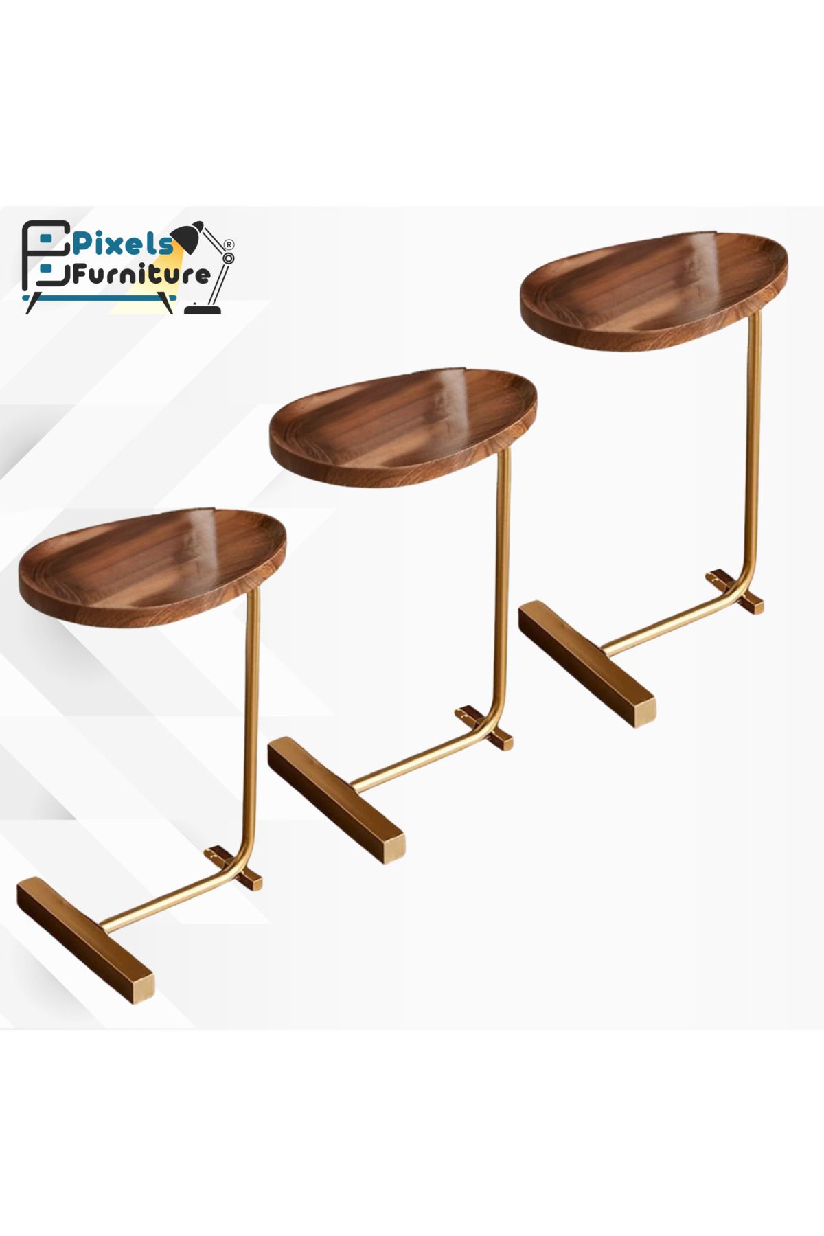 PixelsFurniture-مجموعة 3 قطع طاولة جانبية من بكسل الأثاث على شكل C للأريكة والسرير، طاولة بقواعد معدنية صلبة 1