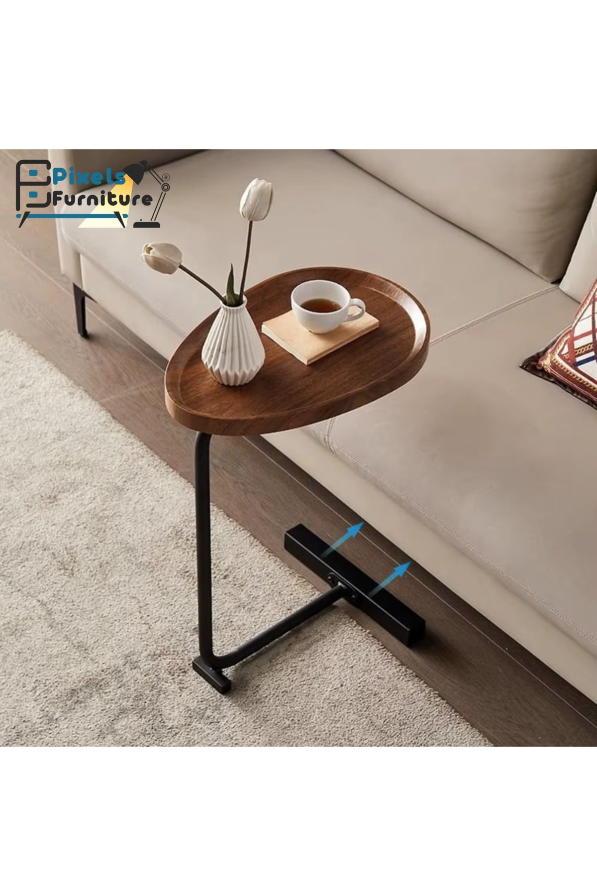 PixelsFurniture-مجموعة قطعتين طاولة جانبية من بكسل الأثاث على شكل C للأريكة والسرير، طاولة بقواعد معدنية صلبة 3