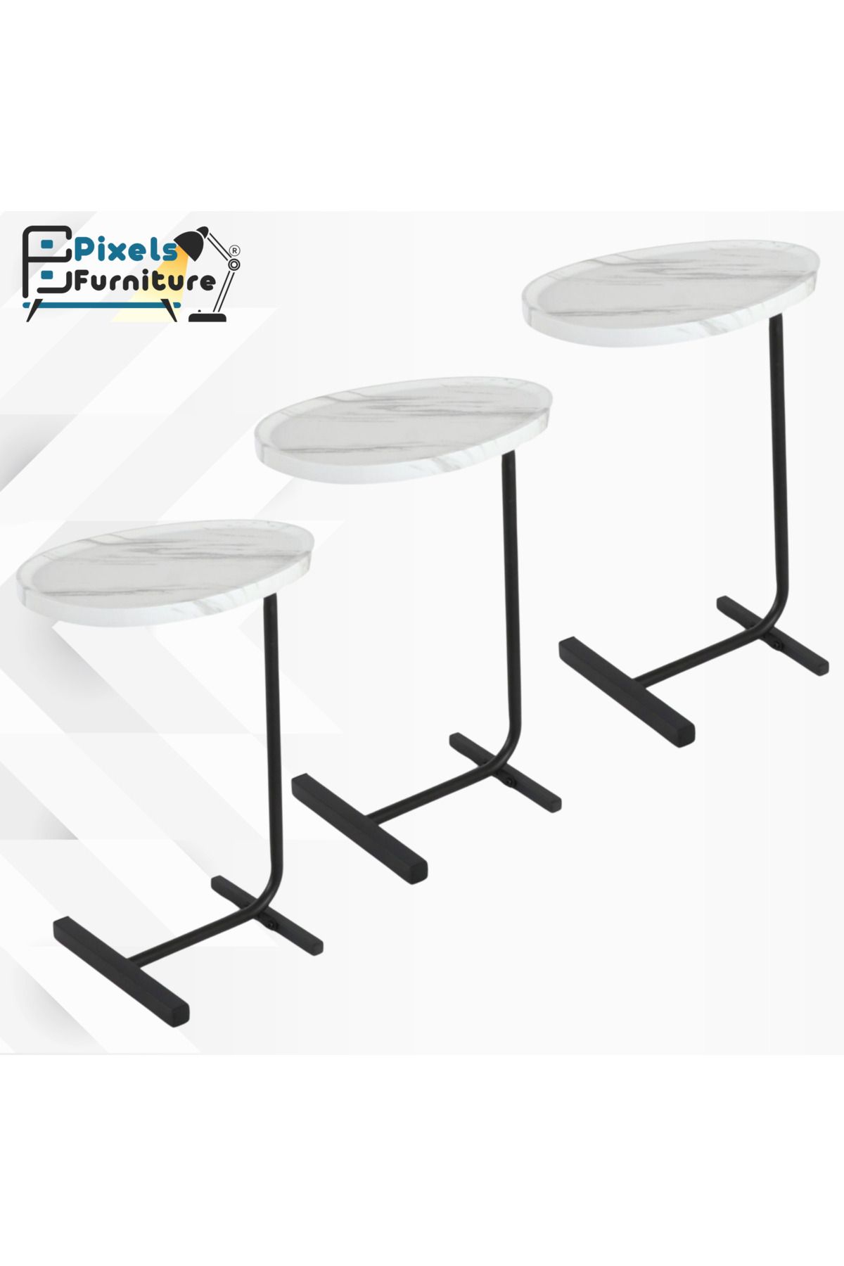 PixelsFurniture-مجموعة 3 قطع طاولة جانبية من بكسل الأثاث على شكل C للأريكة والسرير، طاولة بقواعد معدنية صلبة 1