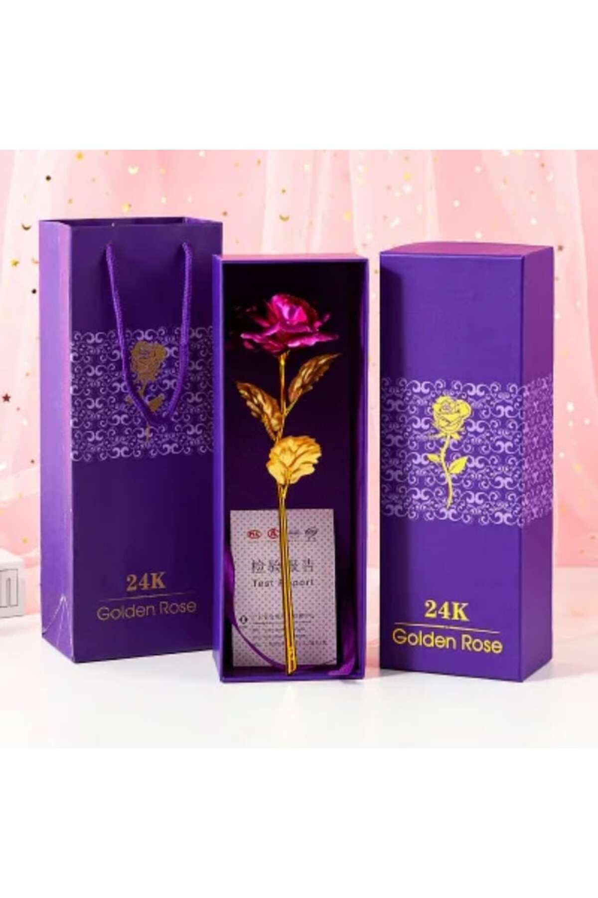 OEM-Trandafir metalic etern, placat cu aur, cutie elegantă, 23 x 8 cm, petale violete 3