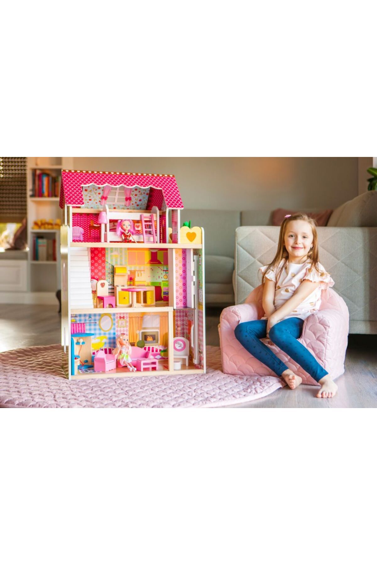 İSP-Wooden Dollhouse Without Sharp Edges, "ISP RaspBerry Residence" with 3 Levels, 5 Bedrooms 5