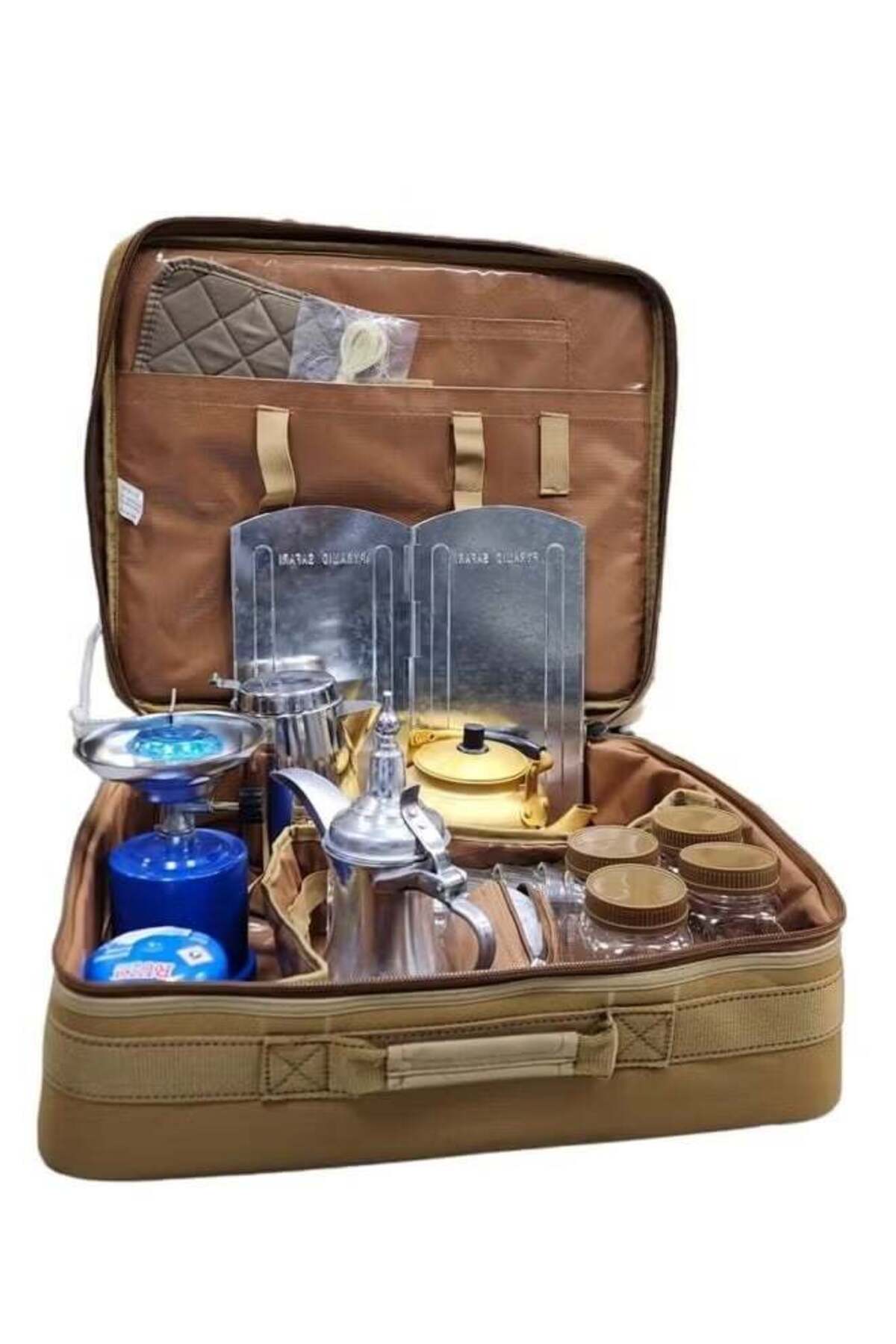 حقيبة كاملة للشاي والقهوة، حقيبة نزهة مع مجموعة من الملحقات للرحلات والتخييم.