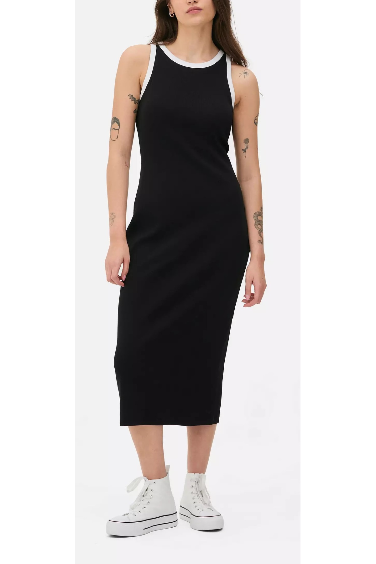 Women's White Piping Detailed Black Ribbed Look Body Fitting Stylish Dress