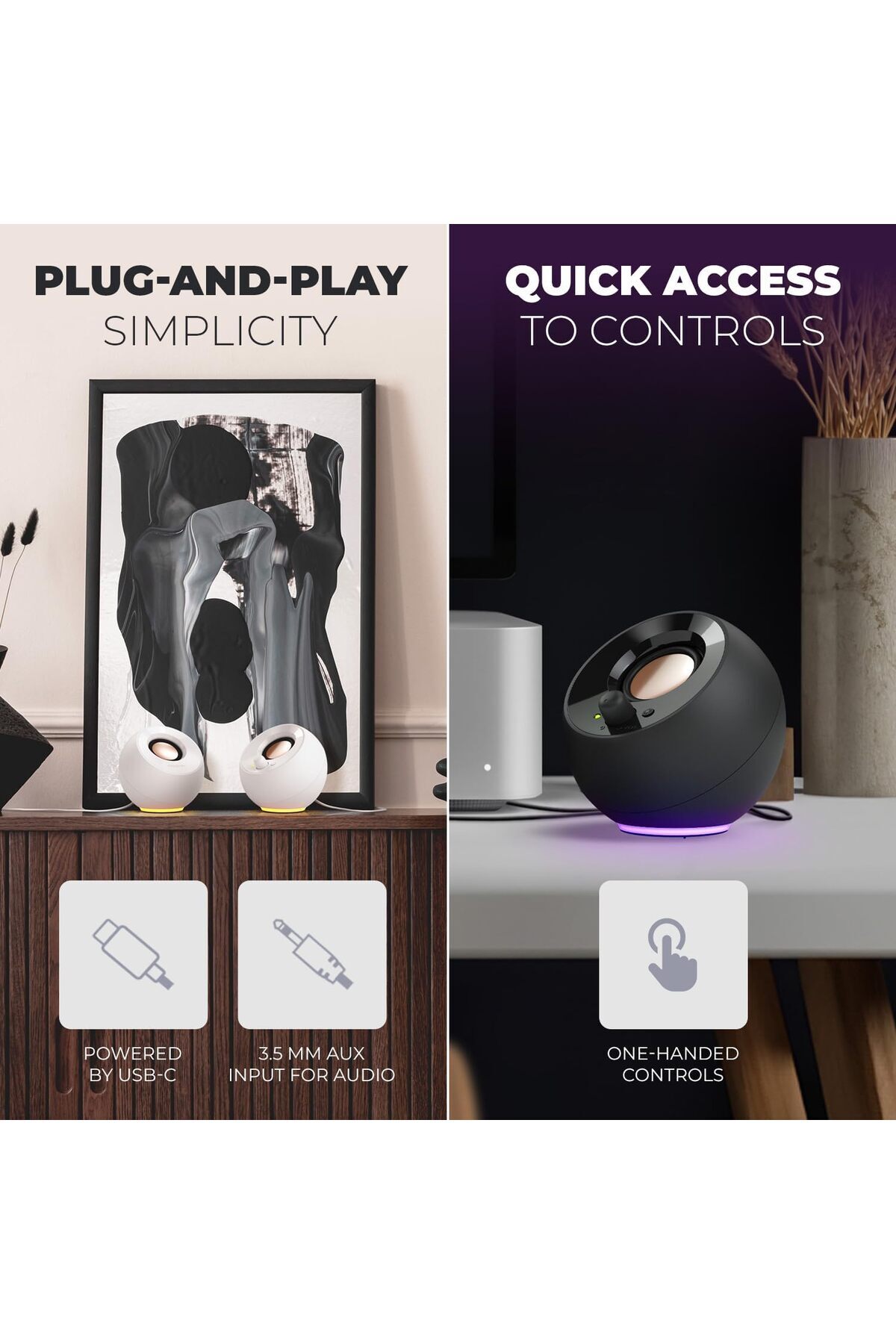 CREATIVE-Pebble SE Minimalist 2.0 USB-C Powered PC Speakers with RGB Lighting, 3.5 mm AUX-in, Up to 6