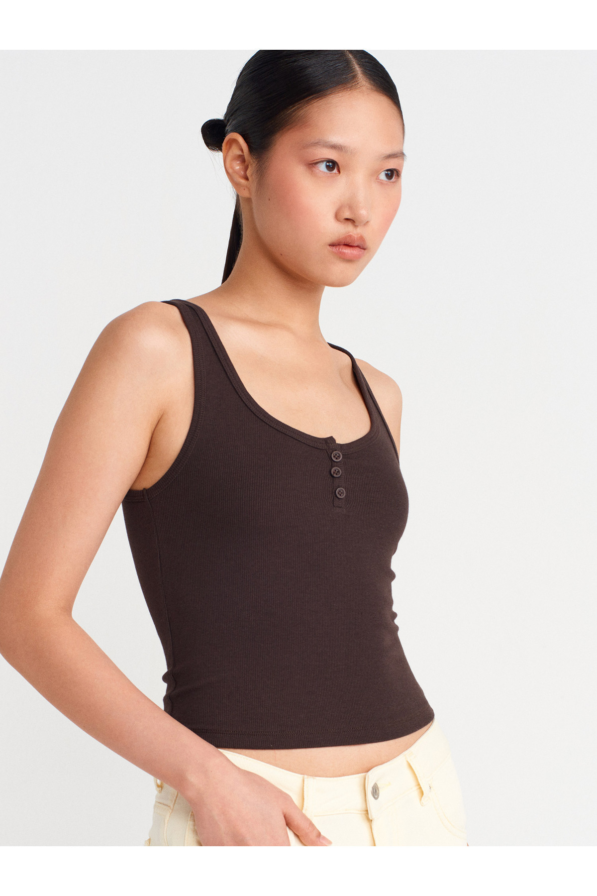 Dilvin-21158 Buttoned Strap Top-Dark Brown 3