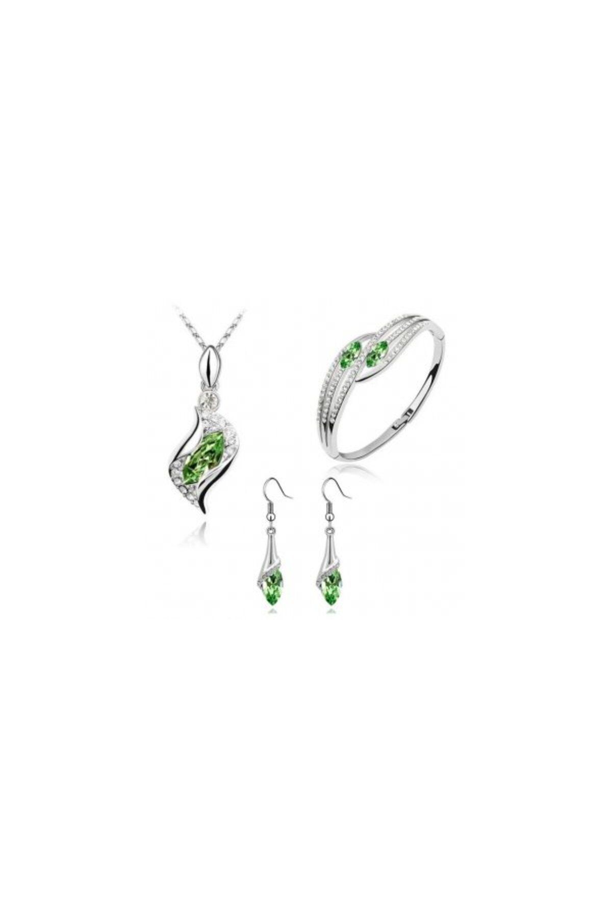 Kelan-Set Bijuterii Argint cu Cristale Emerald – Pandantiv, Cercei și Brățară 2
