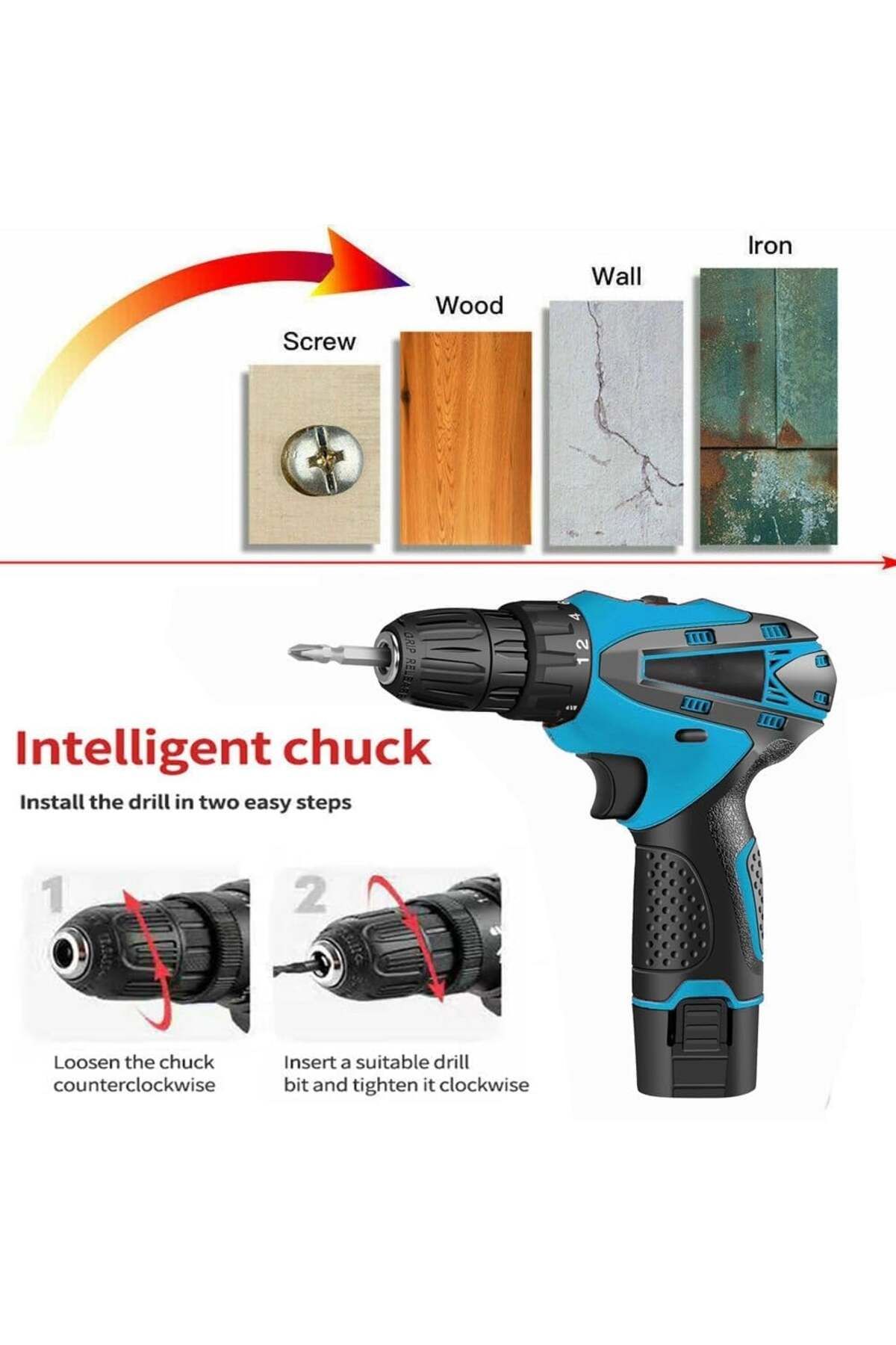 divendi-ro-Set șurubelnițe electrice fără fir, 2 baterii, 12V, 24 de accesorii incluse, 2 viteze, albastru 9